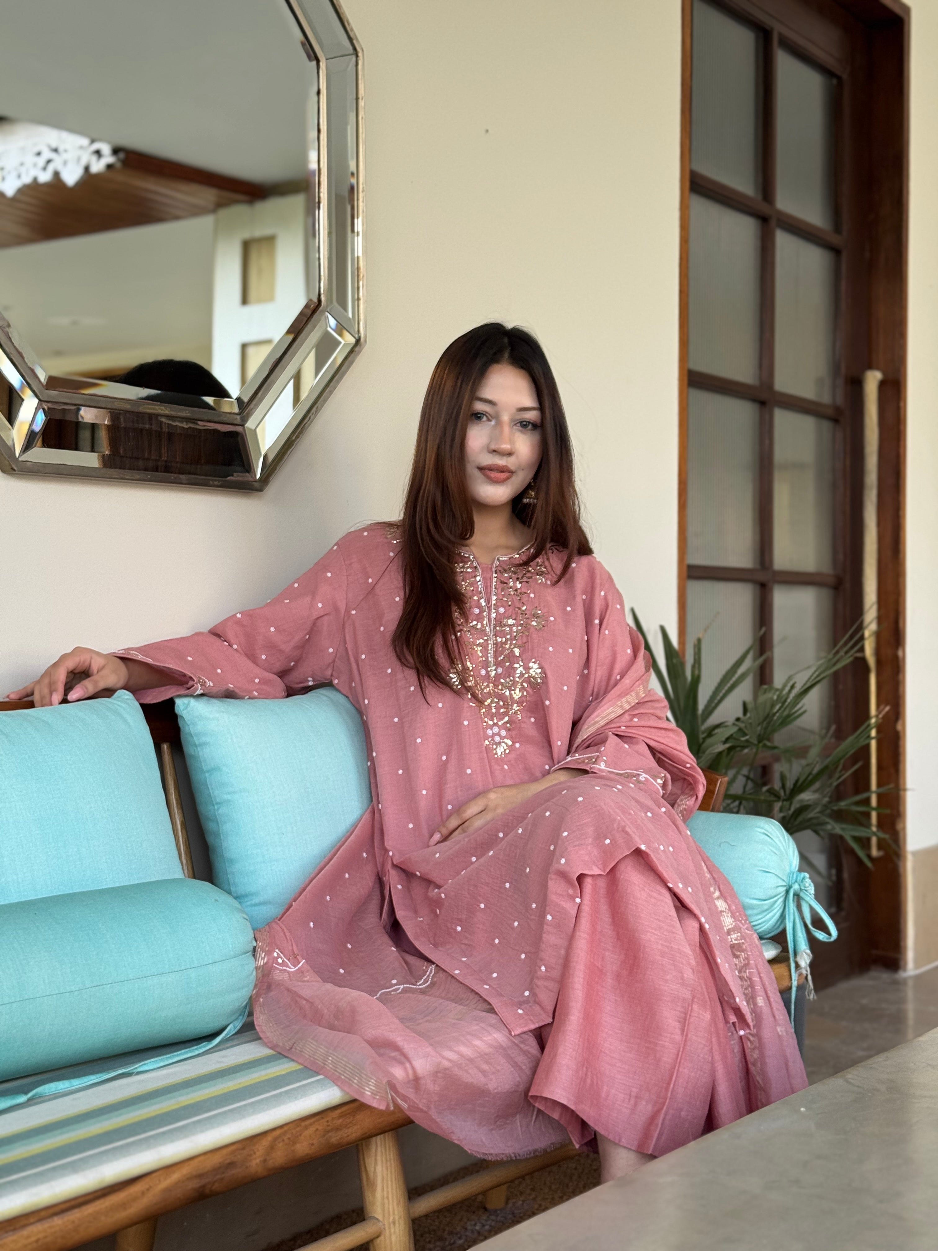 Dusty Rose Mul Chanderi Handwork Kurta Set pbks150