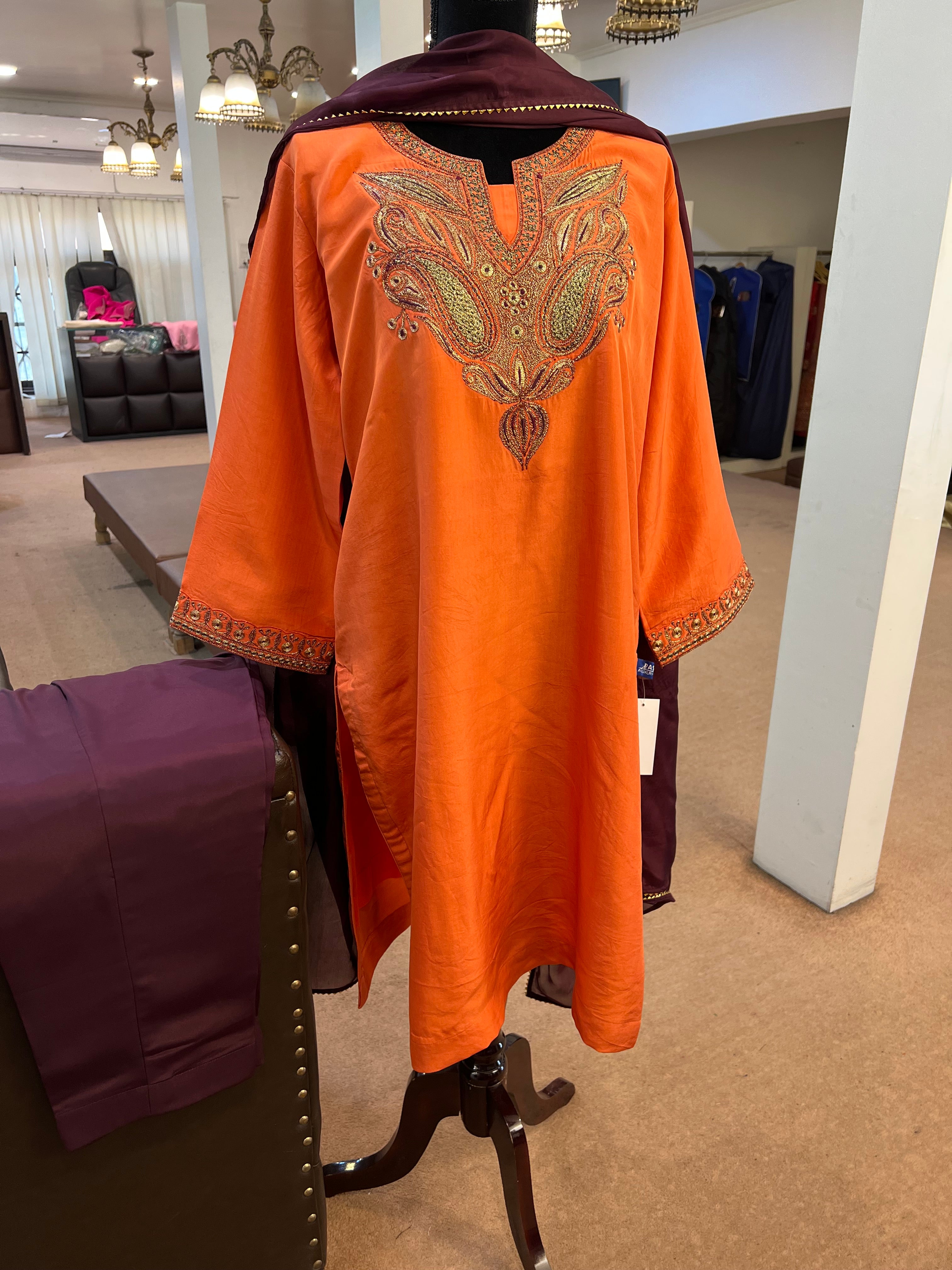 Pure silk with crepe pants kurta set 3pc MTKS785