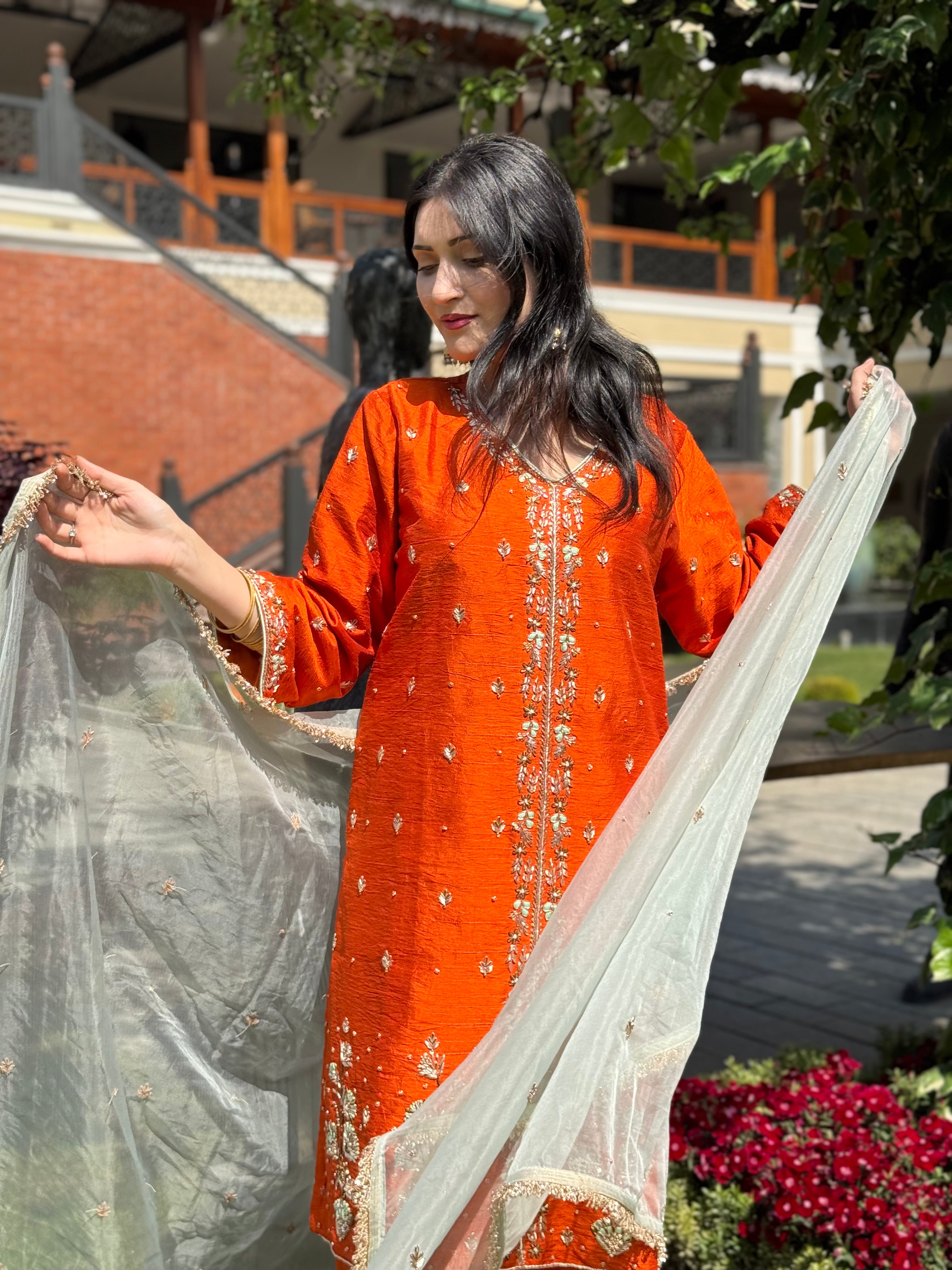Rust handembroidered kurta set pbks129