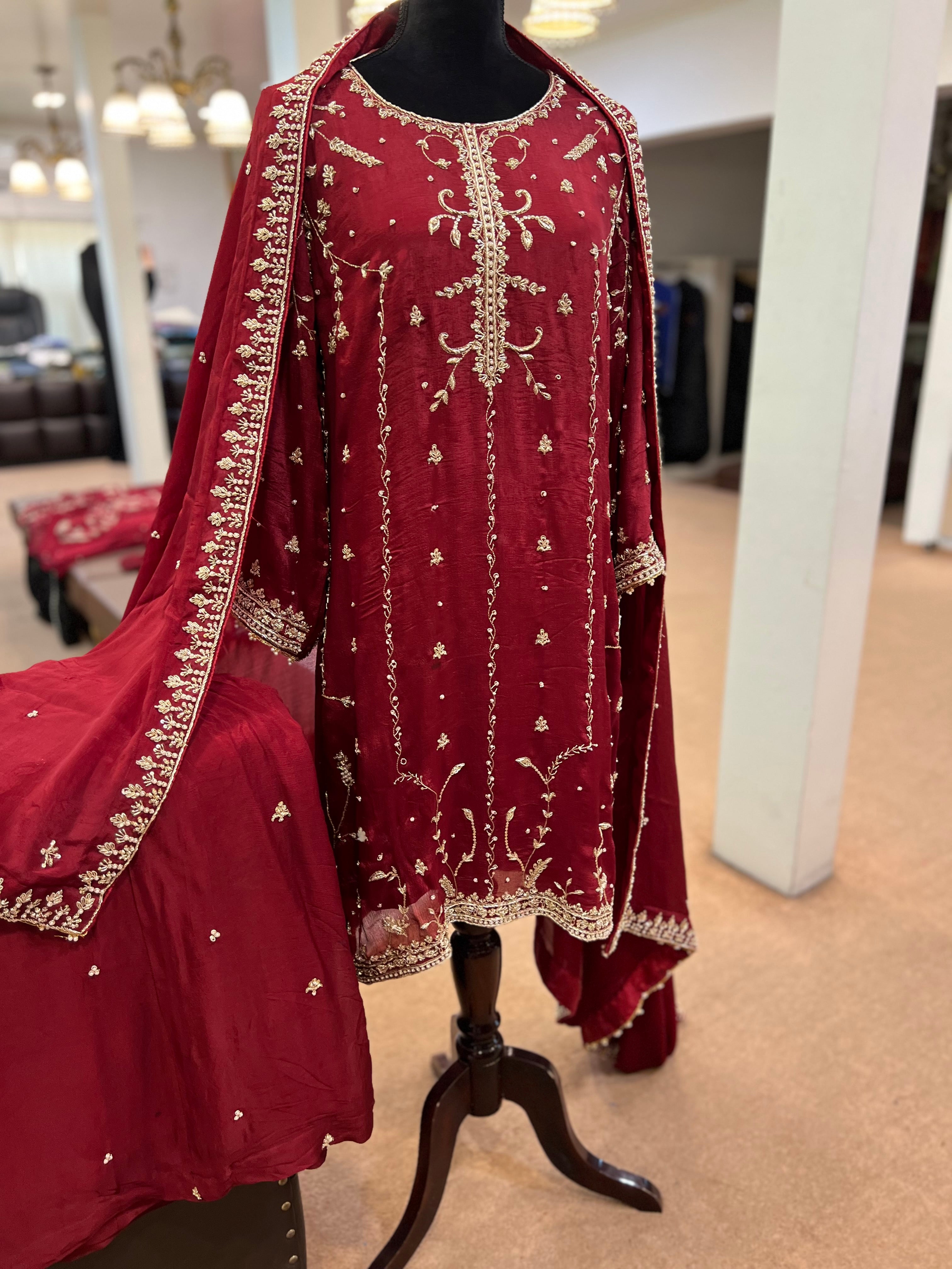 Maroon sharara dress 3pc hand embroidered