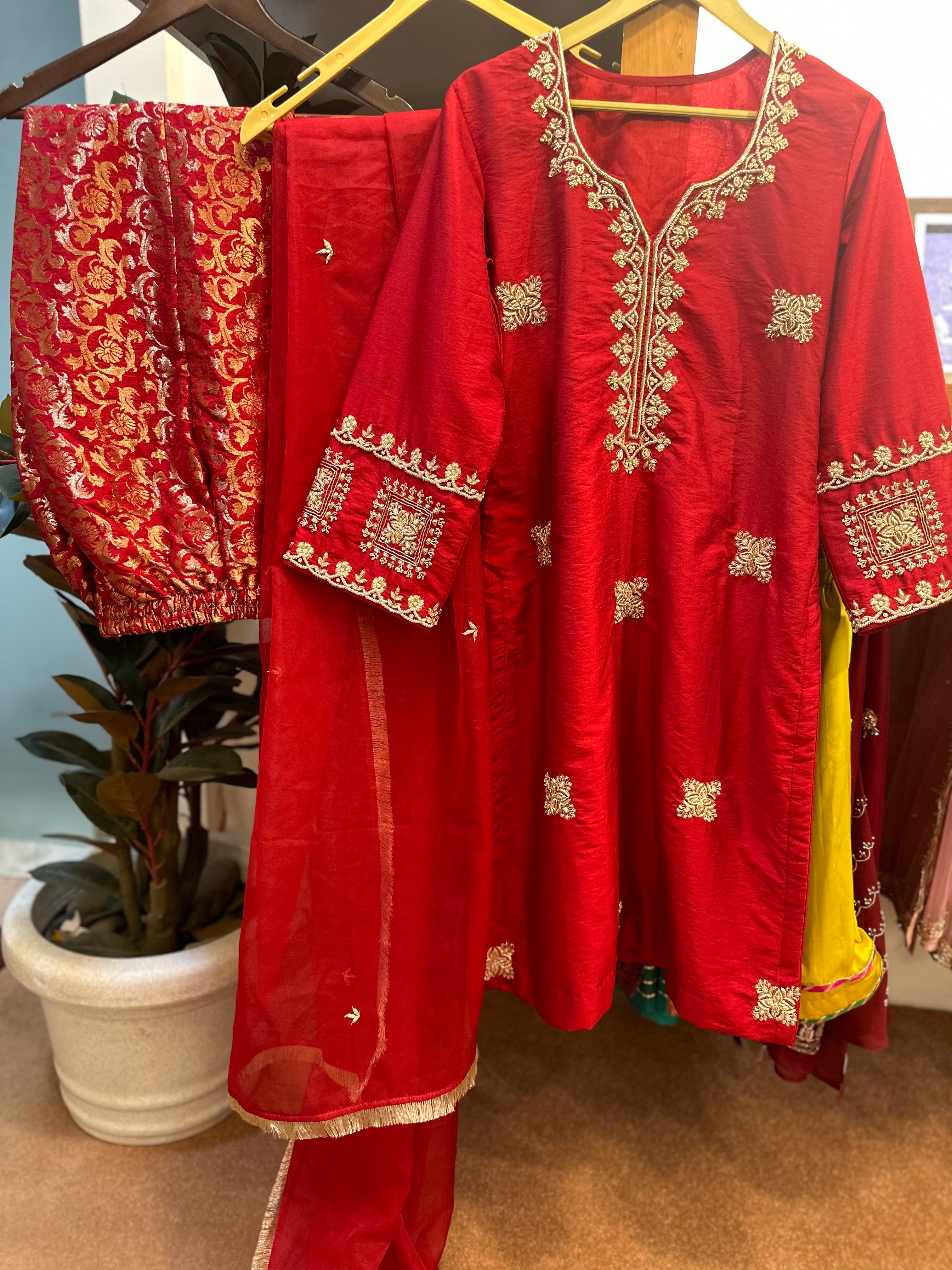 Red Handwork kurta set