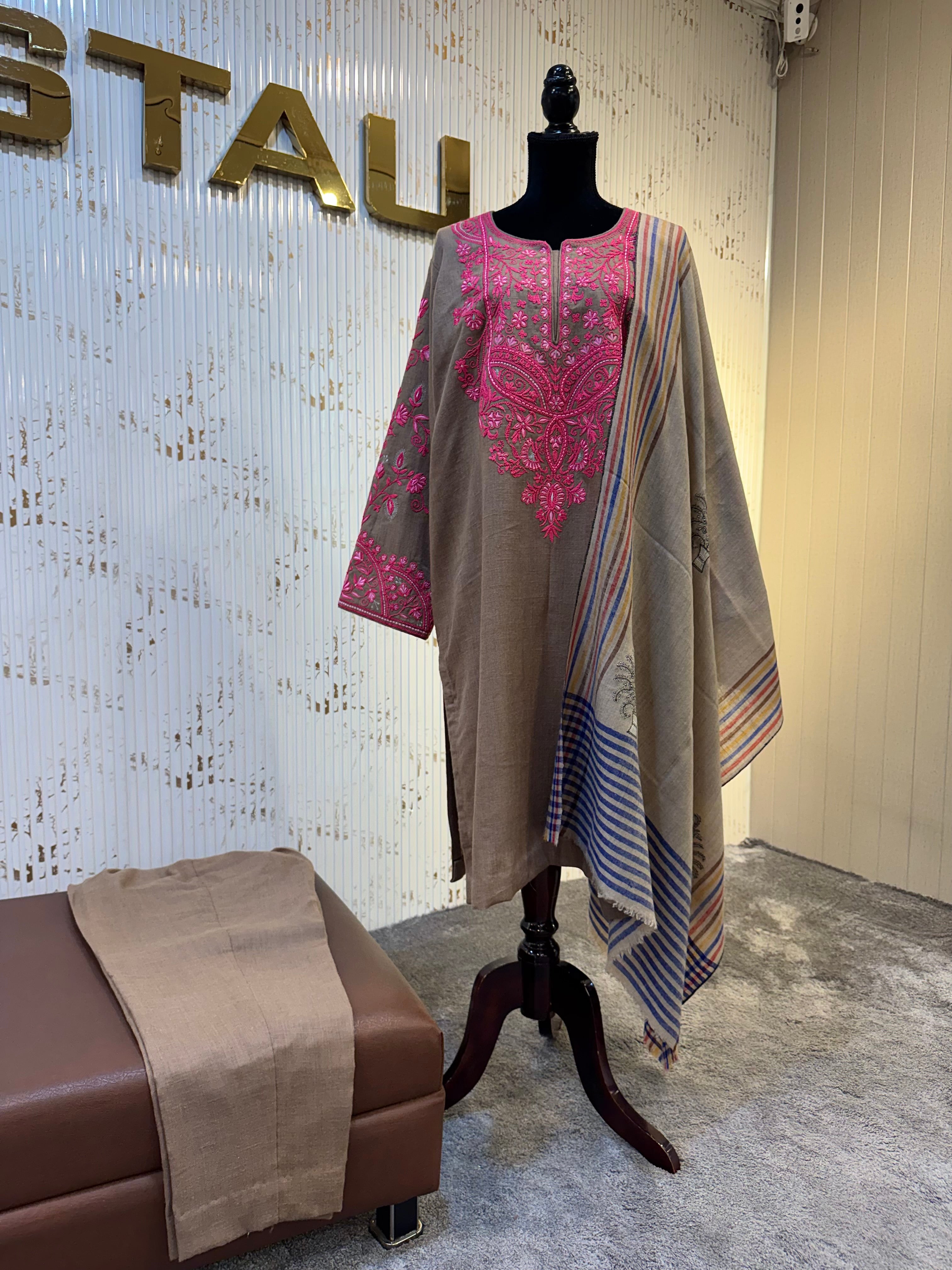 Natural Pashmina Blend 2-Piece Suit with Vibrant Doave Work pwb561