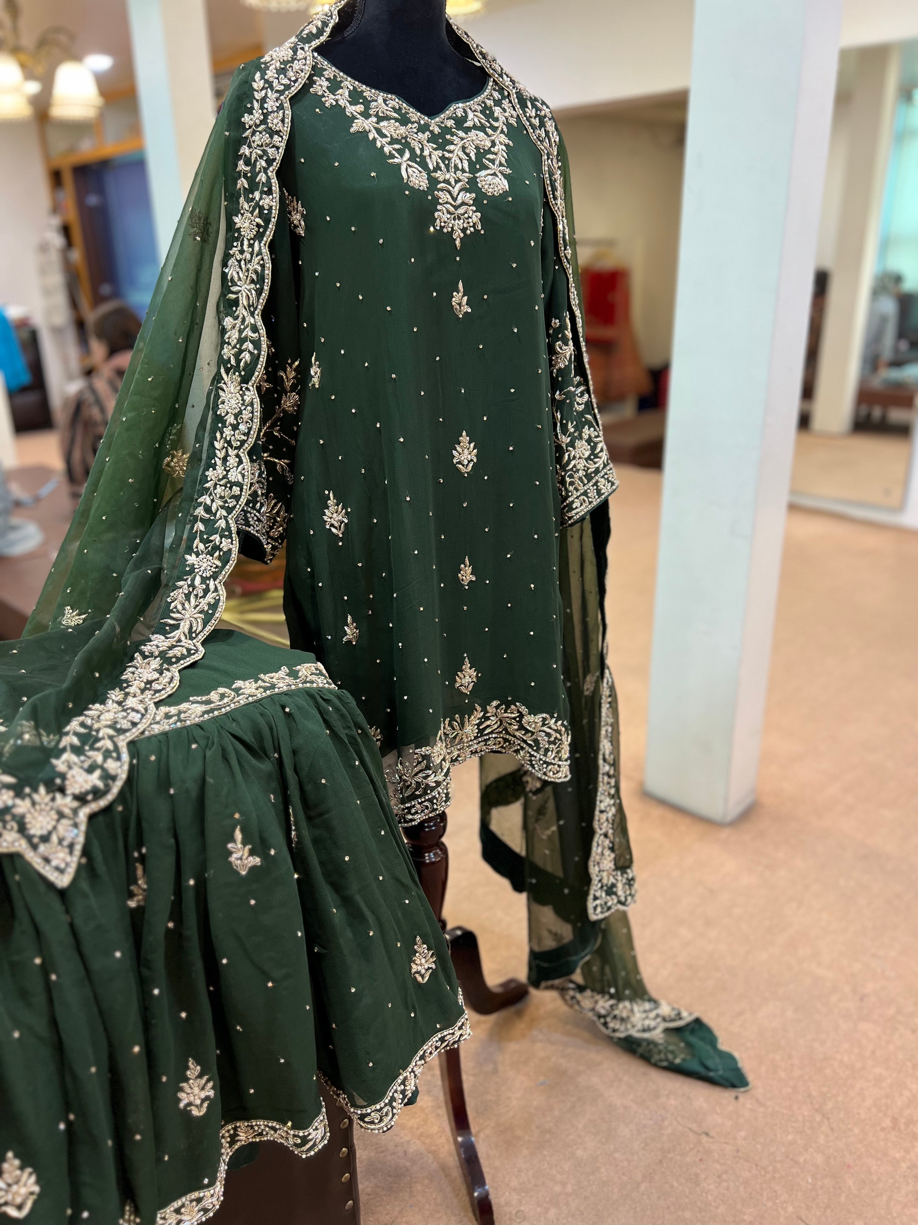 Green georgette gharara dress