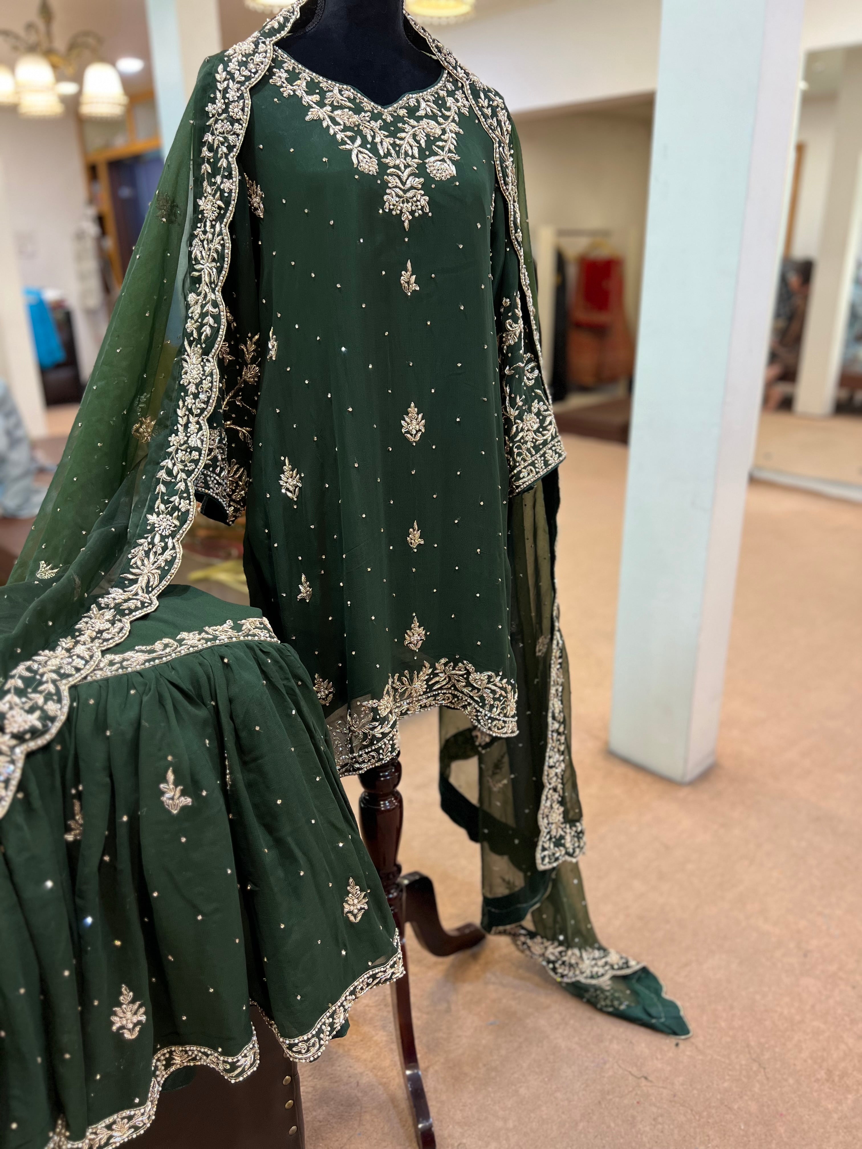 Green georgette gharara dress