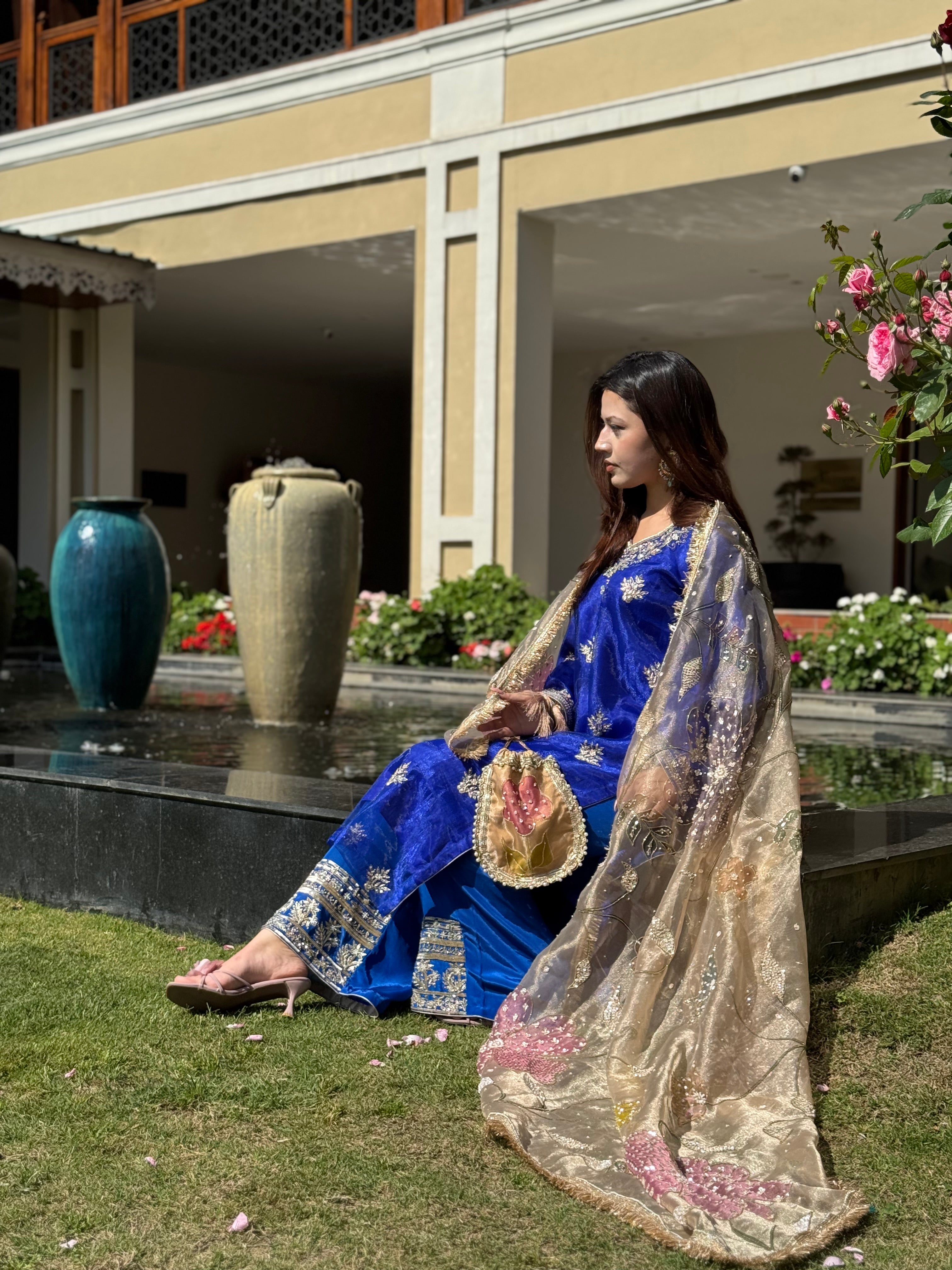 Royal Blue Shimmer Organza Handwork Kurta Set pbks148