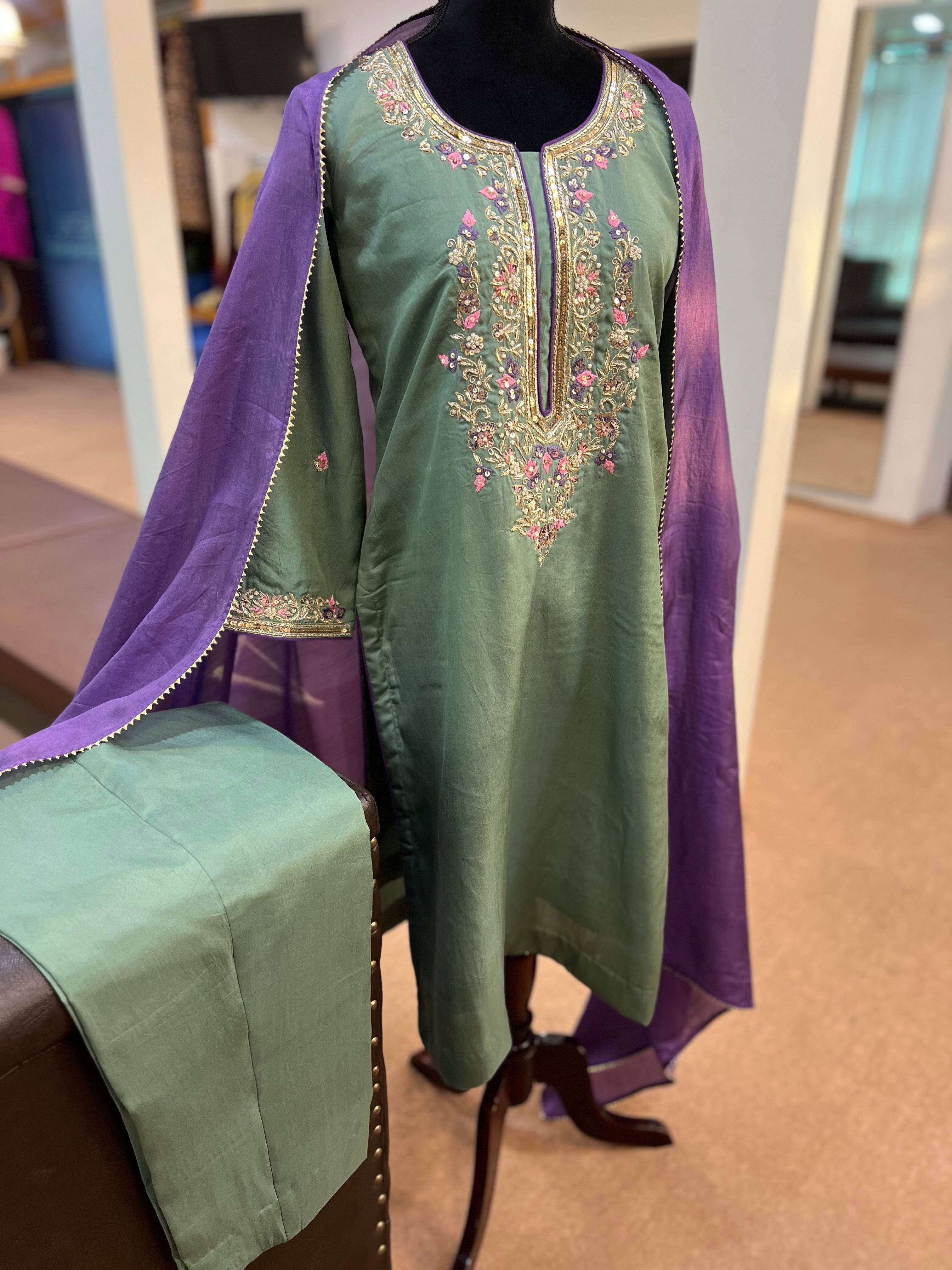 Pure silk hand embroidered 3pc kurta set