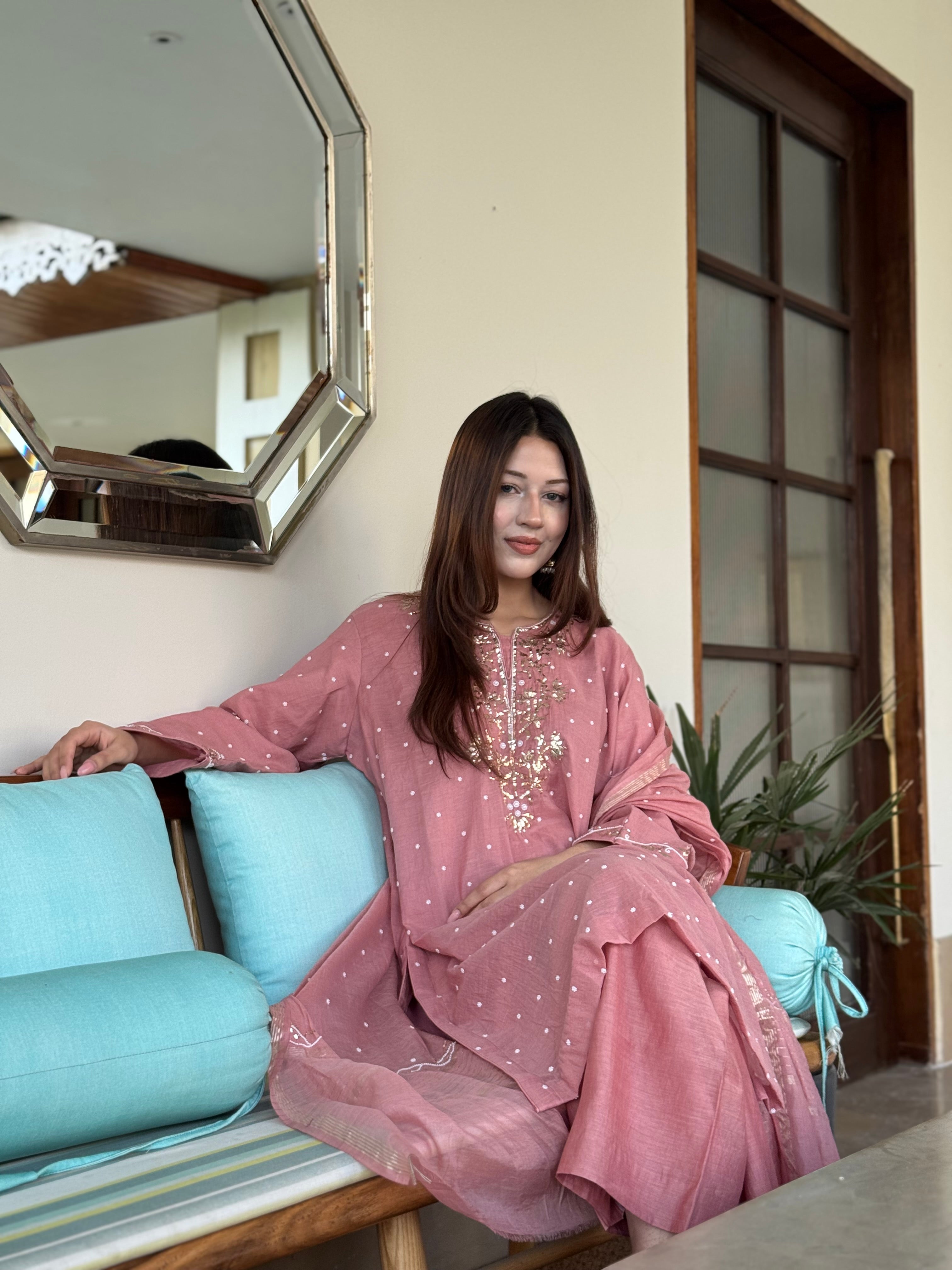 Dusty Rose Mul Chanderi Handwork Kurta Set pbks150