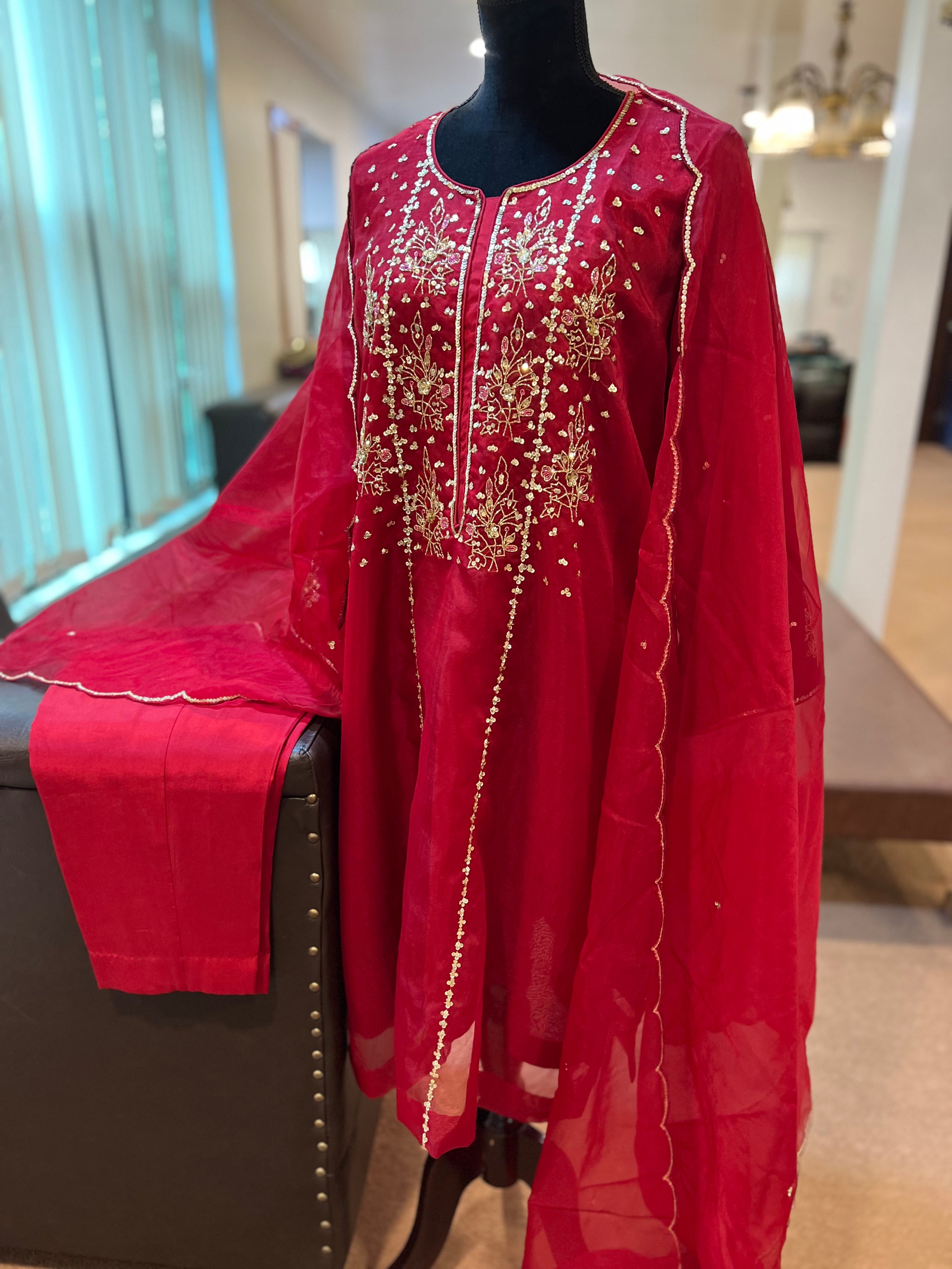 Organza hand embroidered 3pc dress