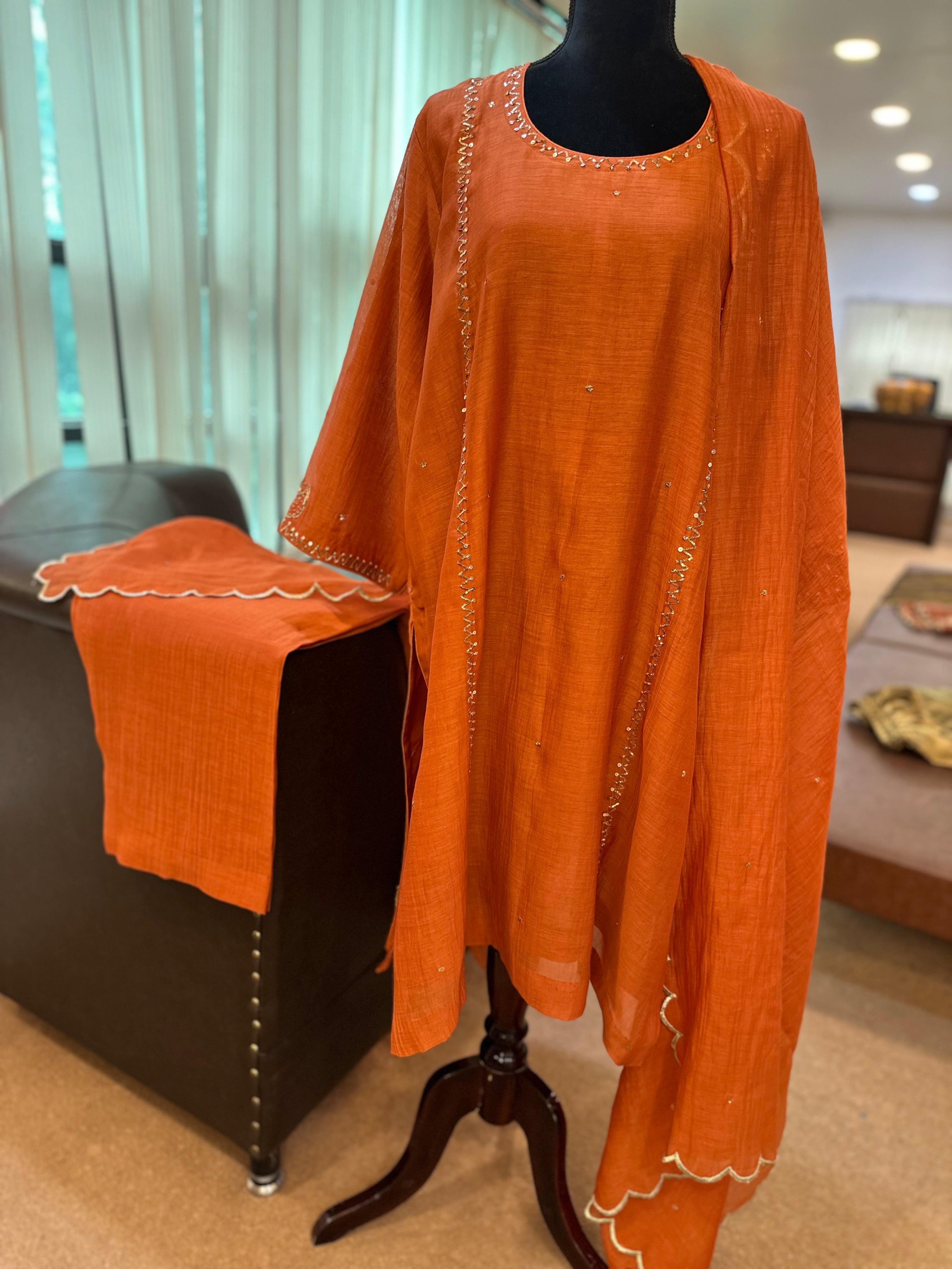 Mul chanderi 3 piece handwork suit