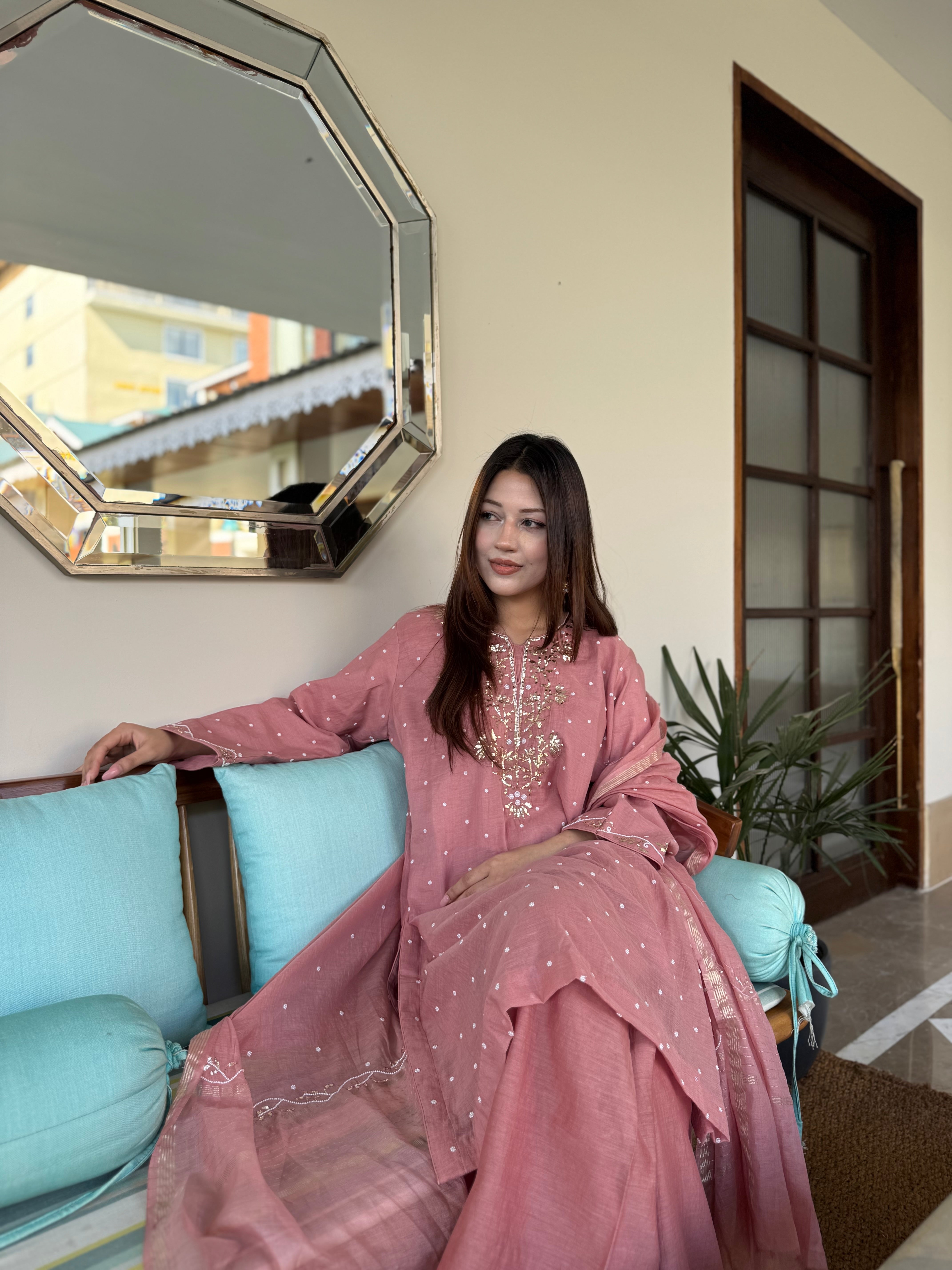 Dusty Rose Mul Chanderi Handwork Kurta Set pbks150