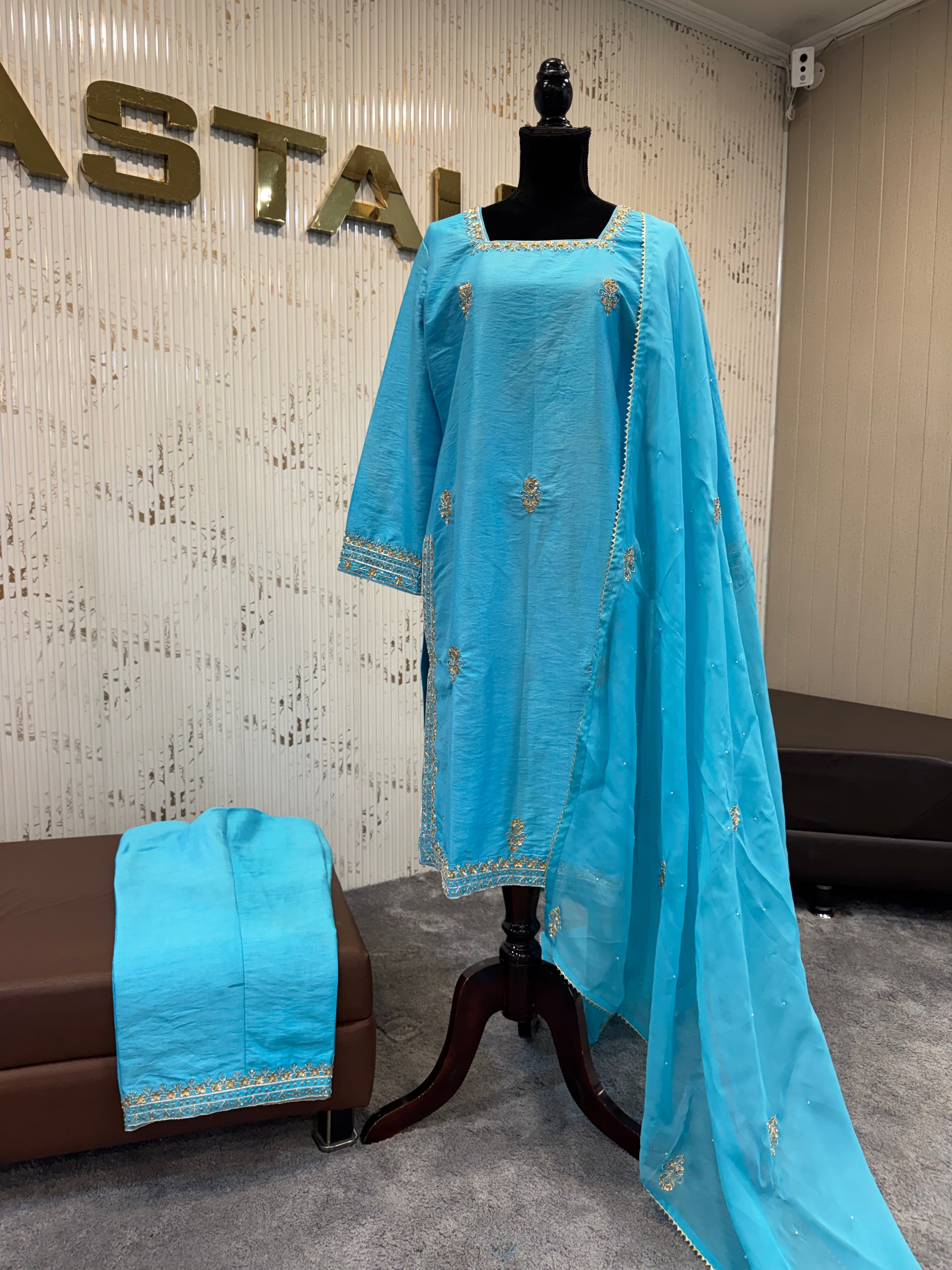 Raw silk 3 pc handembroidered
