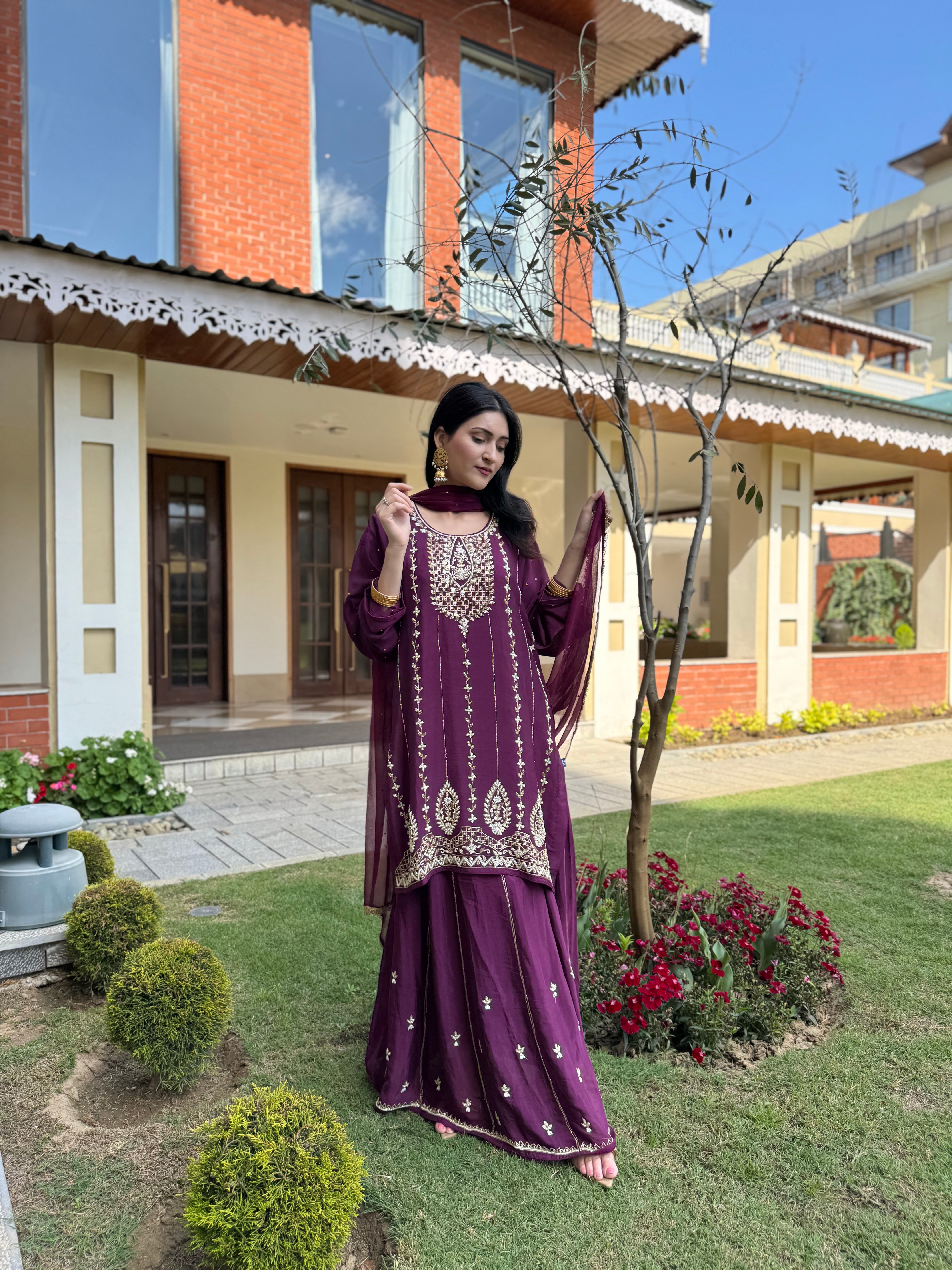 Deep Plum Georgette Handwork Sharara Set pbks142
