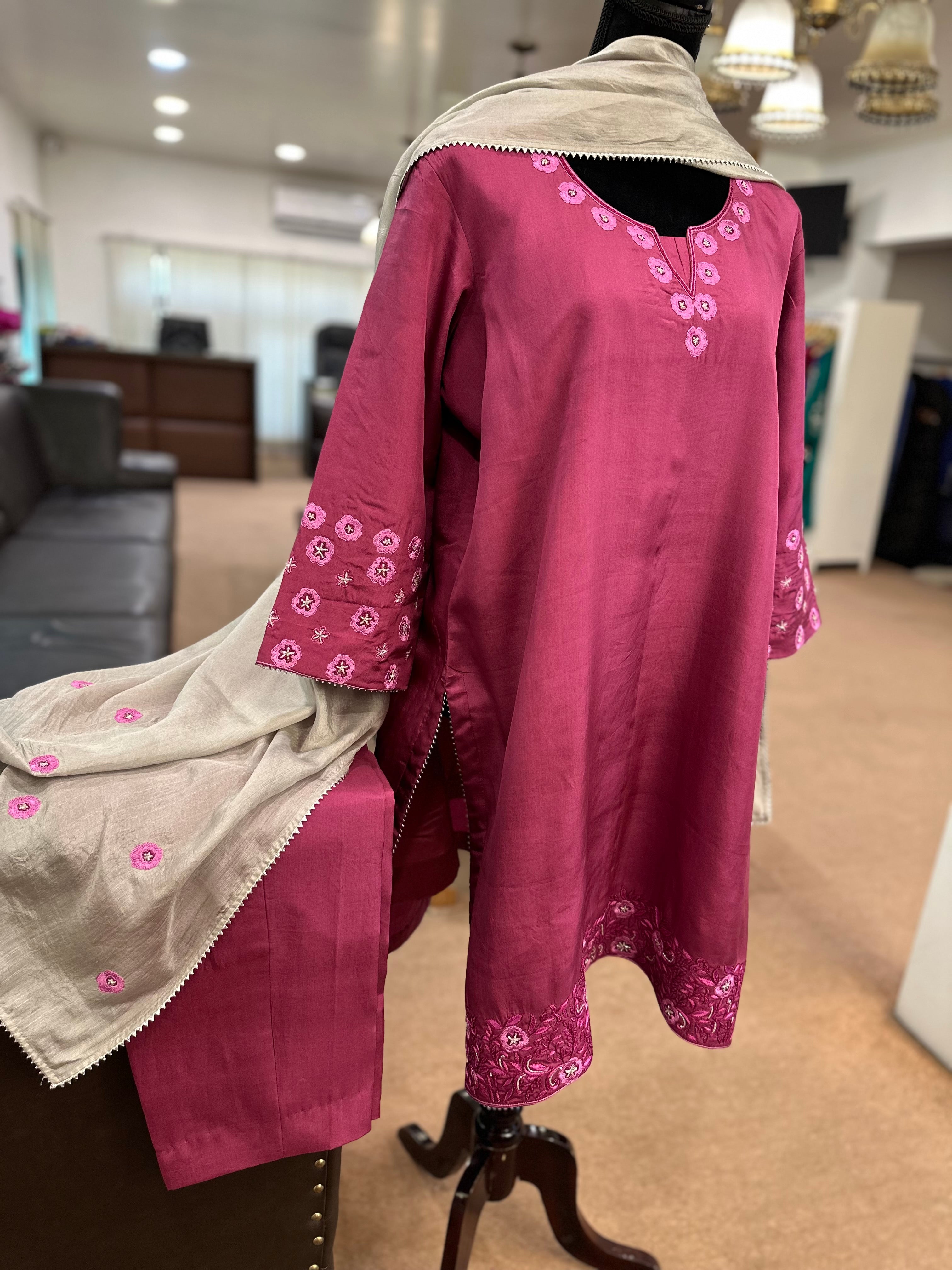 Pure silk 3 piece handwork suit wine shade