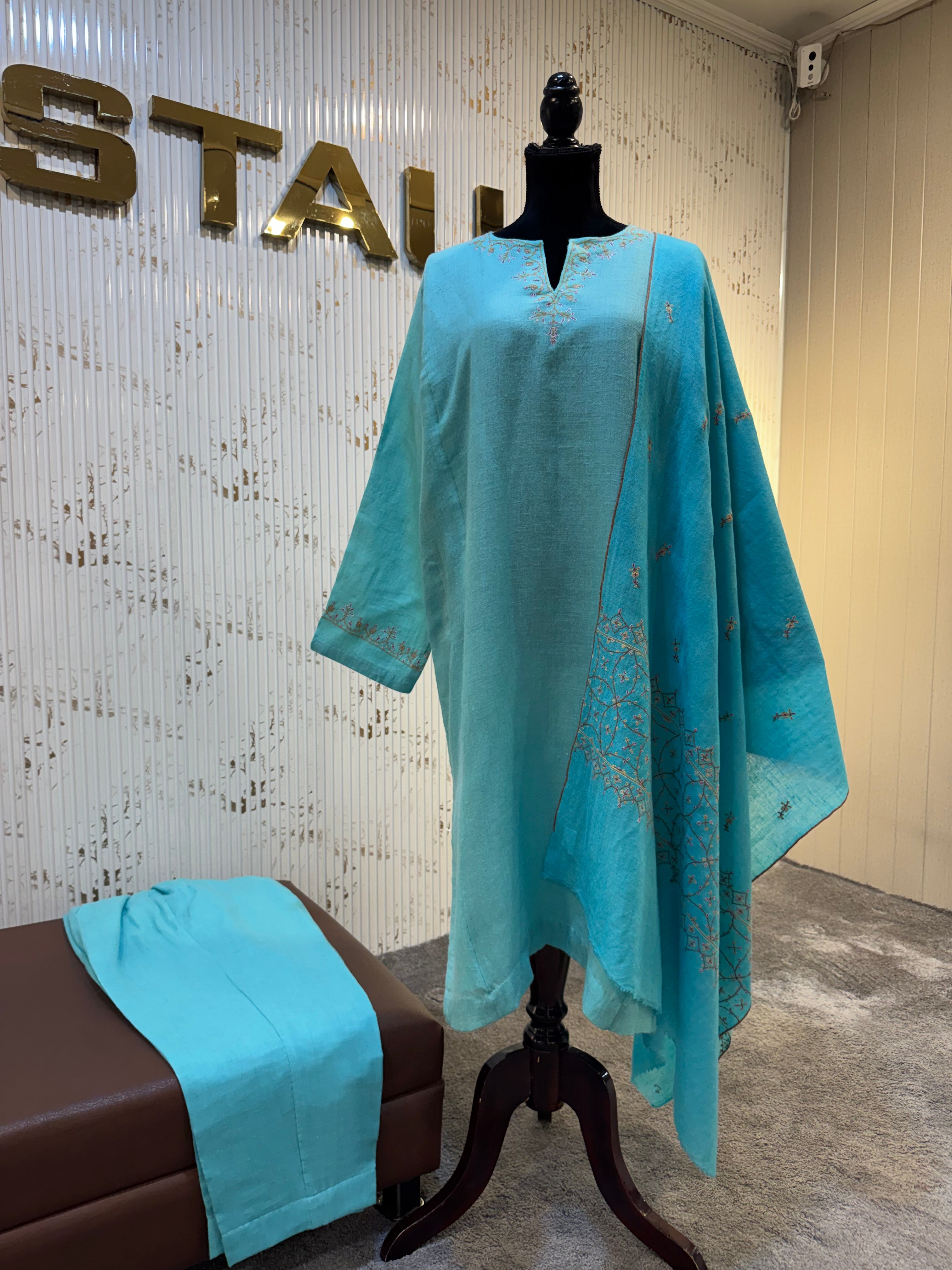 Turquoise Sky Blue Pashmina Blend 2-Piece Suit with Delicate Hand Sozni Embroidery pwb590
