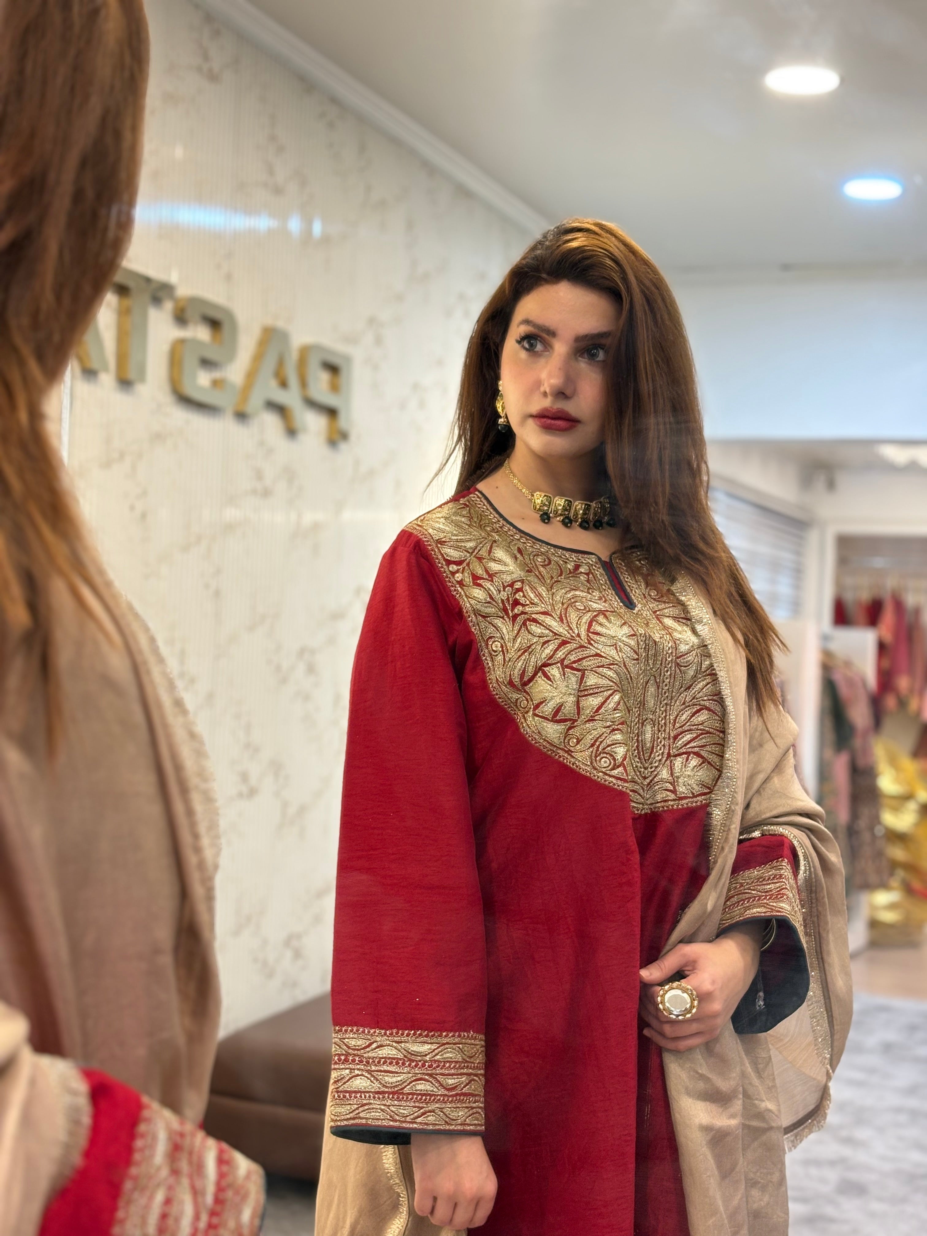 Maroon silk kurta set 3 pc mtks849