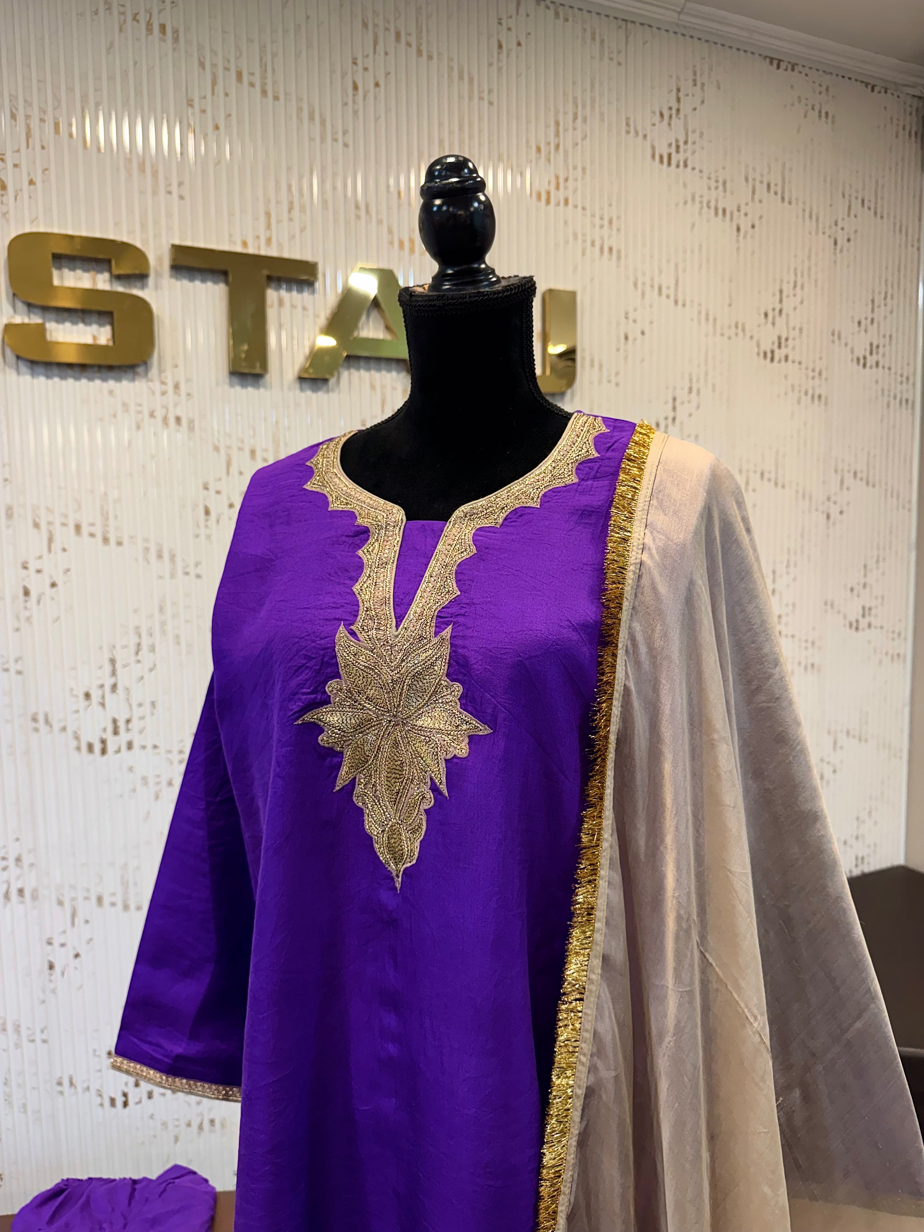Deep purple puresilk handtilla work suit
