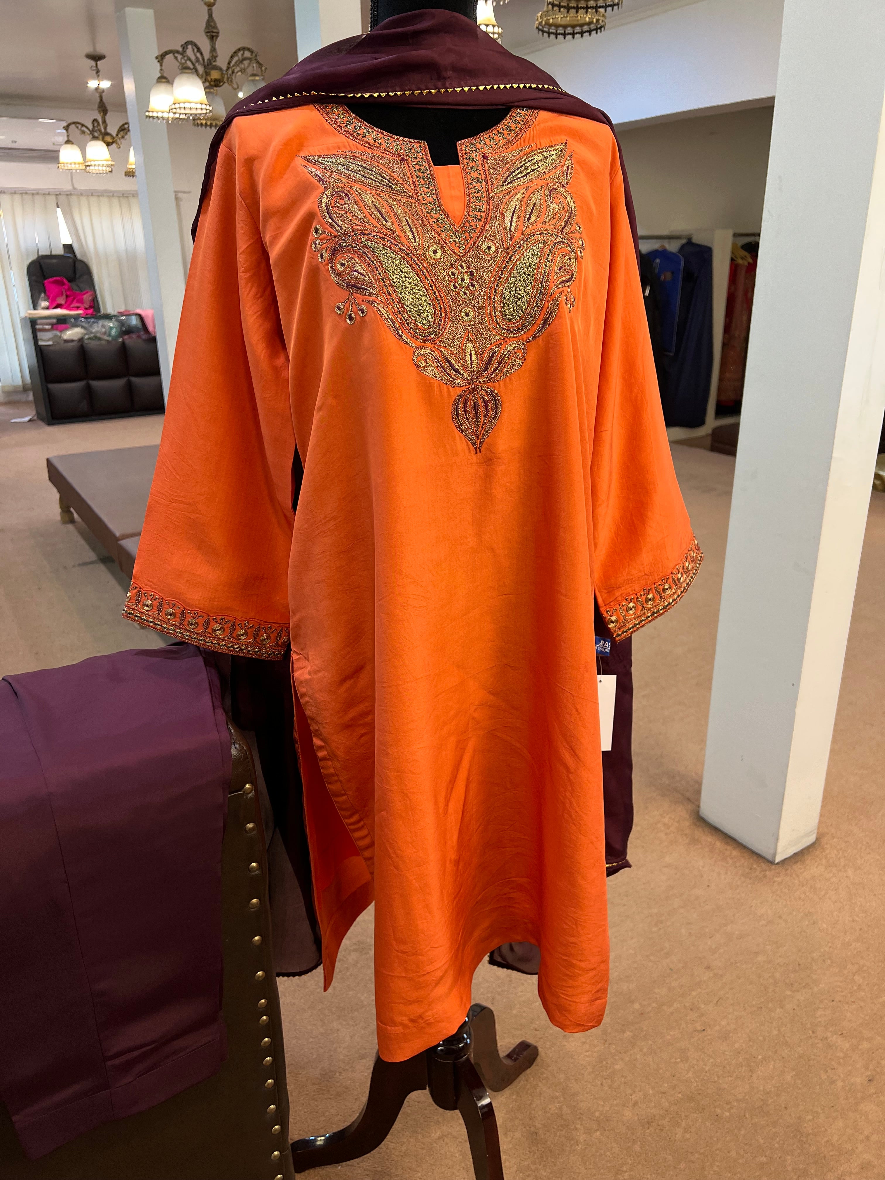 Pure silk with crepe pants kurta set 3pc MTKS785