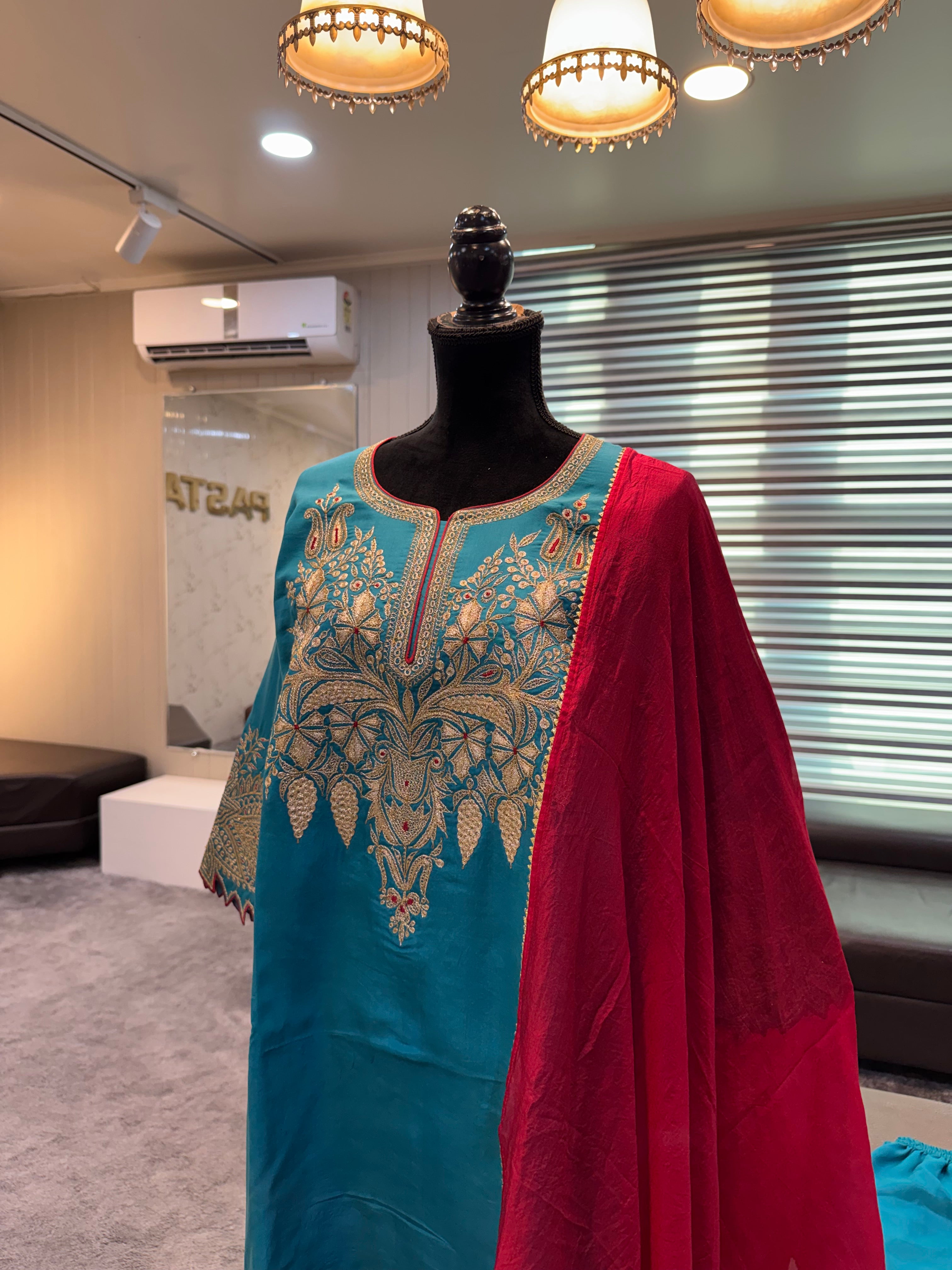 Teal Pure Silk with Tilla 3pc