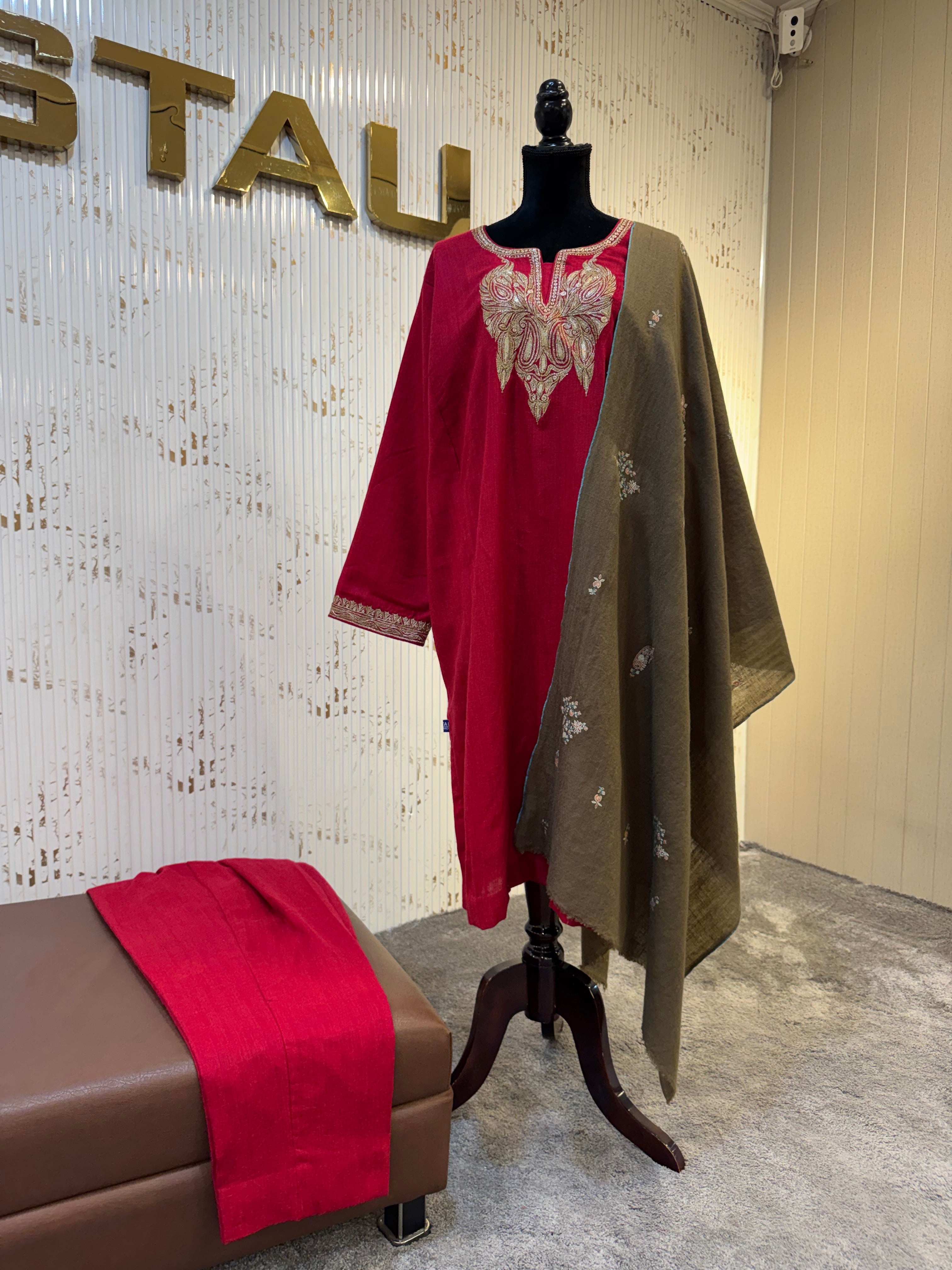 Crimson Red Pashmina Blend 2-Piece Suit with Gold Tilla Work pwb562