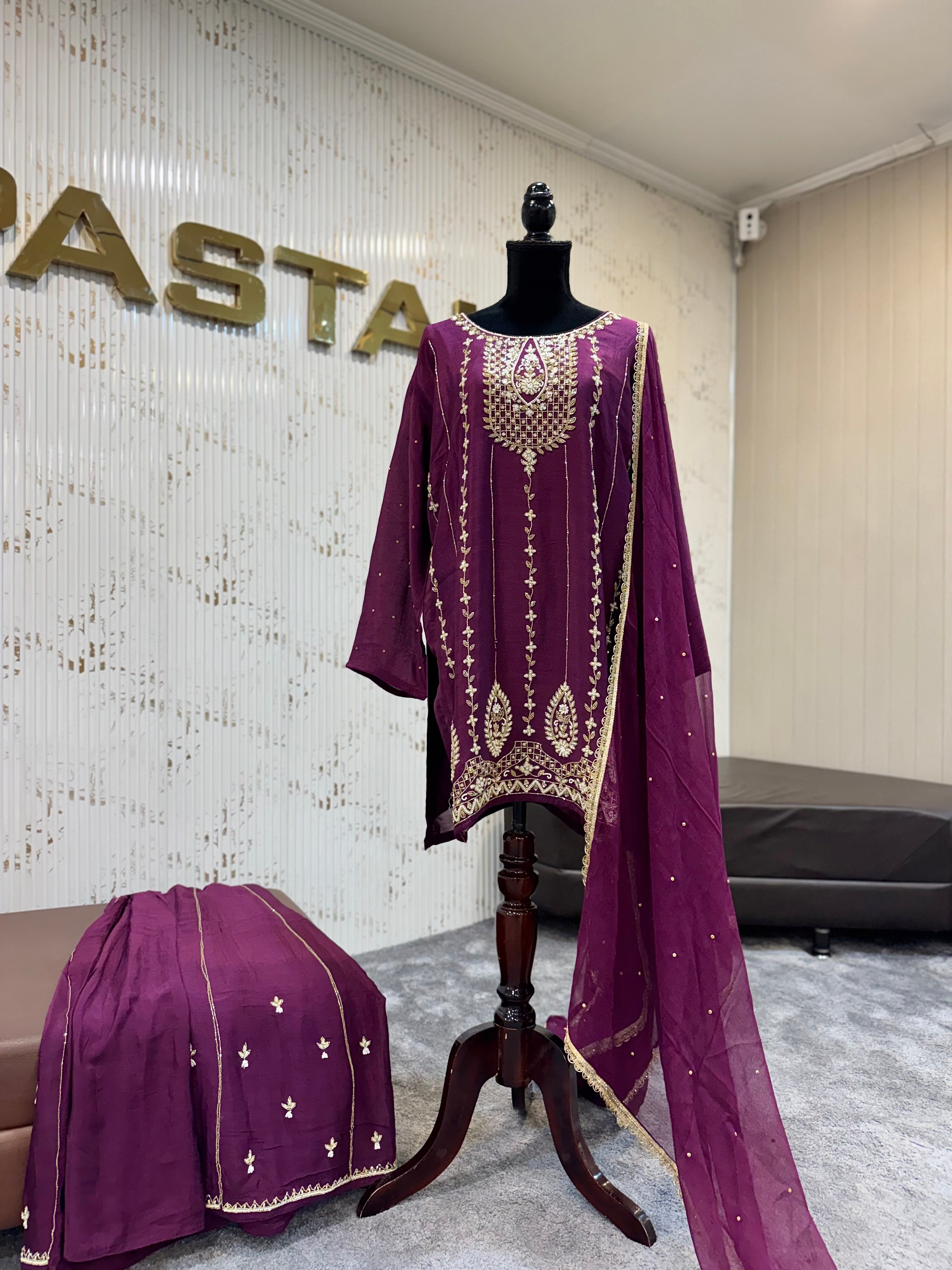 Deep Plum Georgette Handwork Sharara Set