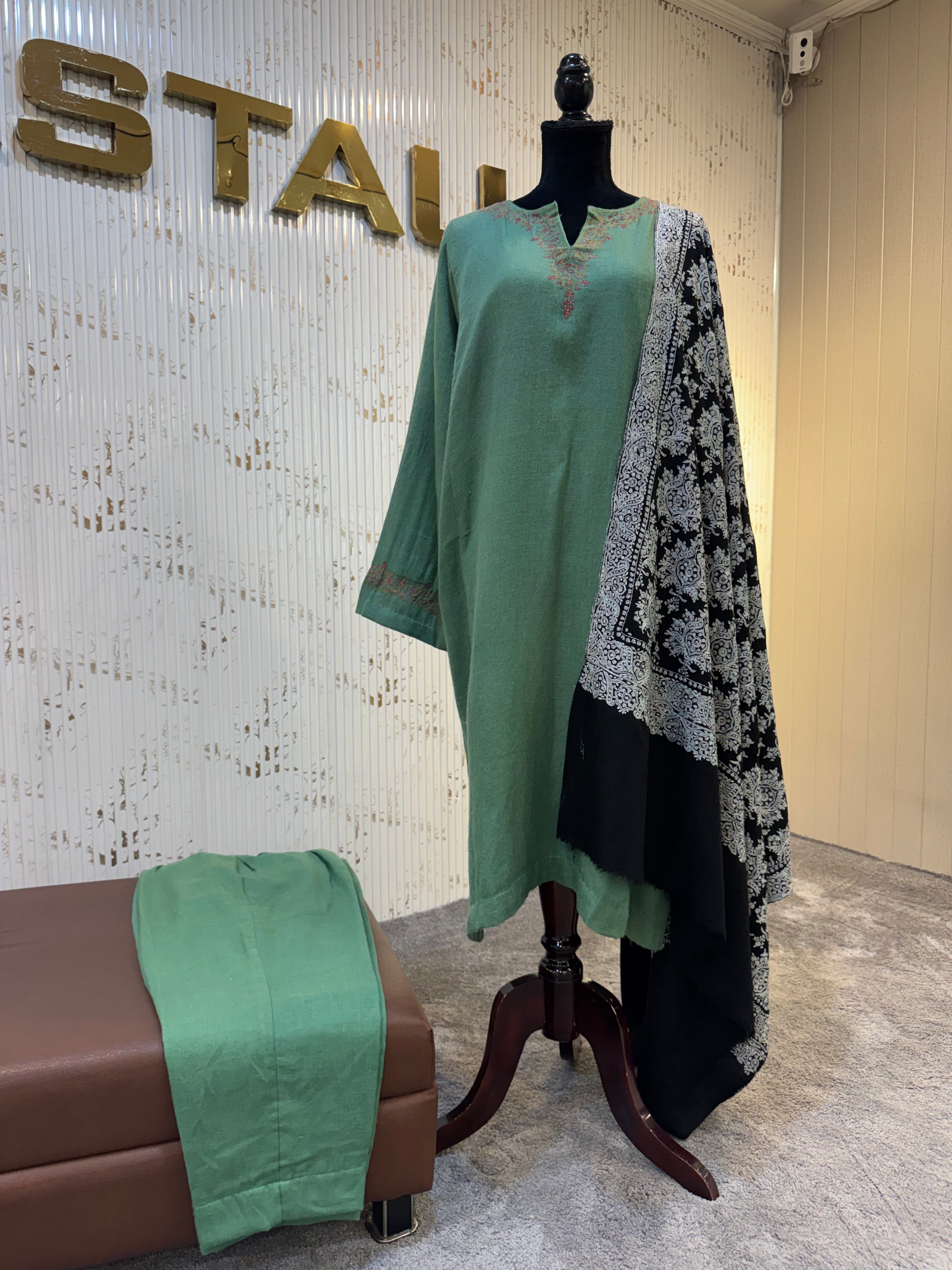 Sage Green Pashmina Blend 2-Piece Suit with Hand Sozni Embroidery pwb567