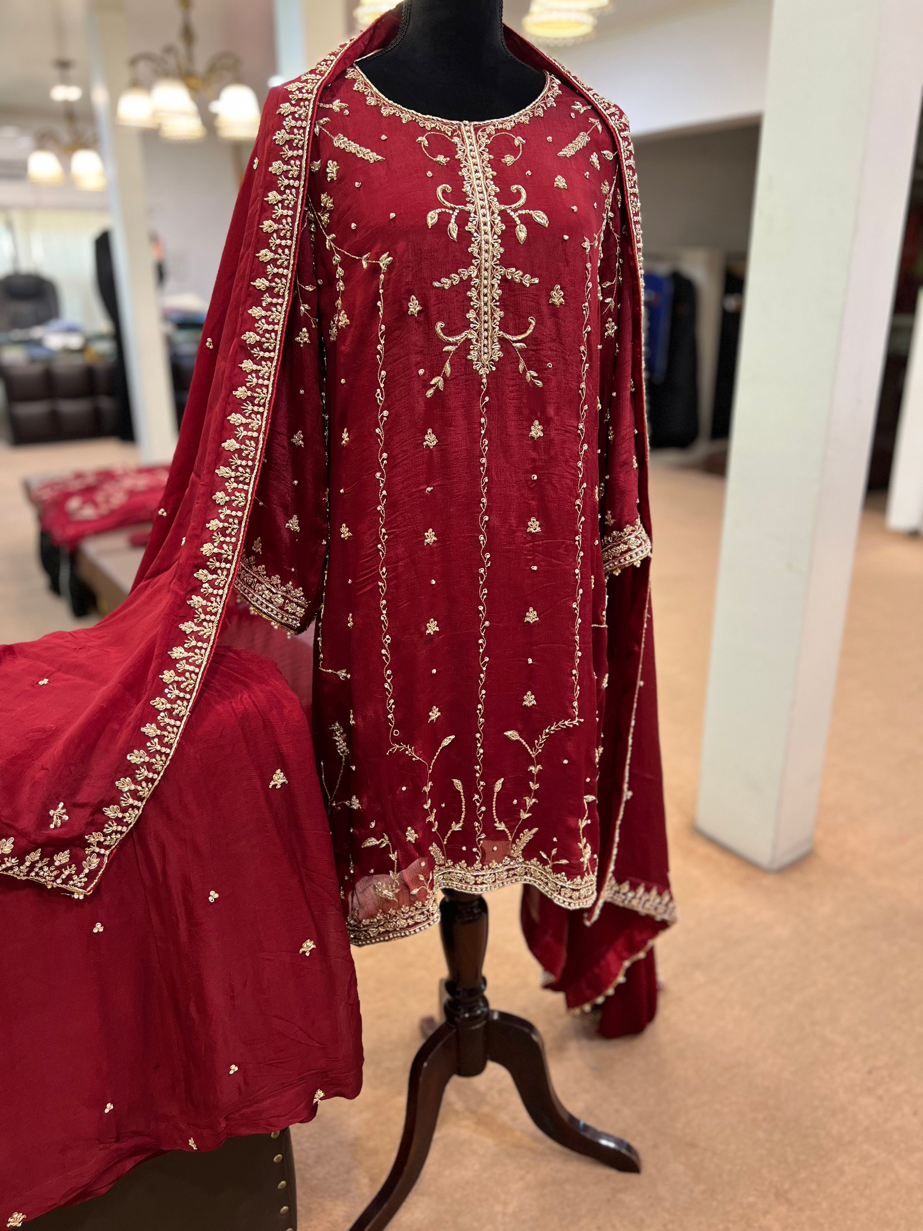 Maroon sharara dress 3pc hand embroidered