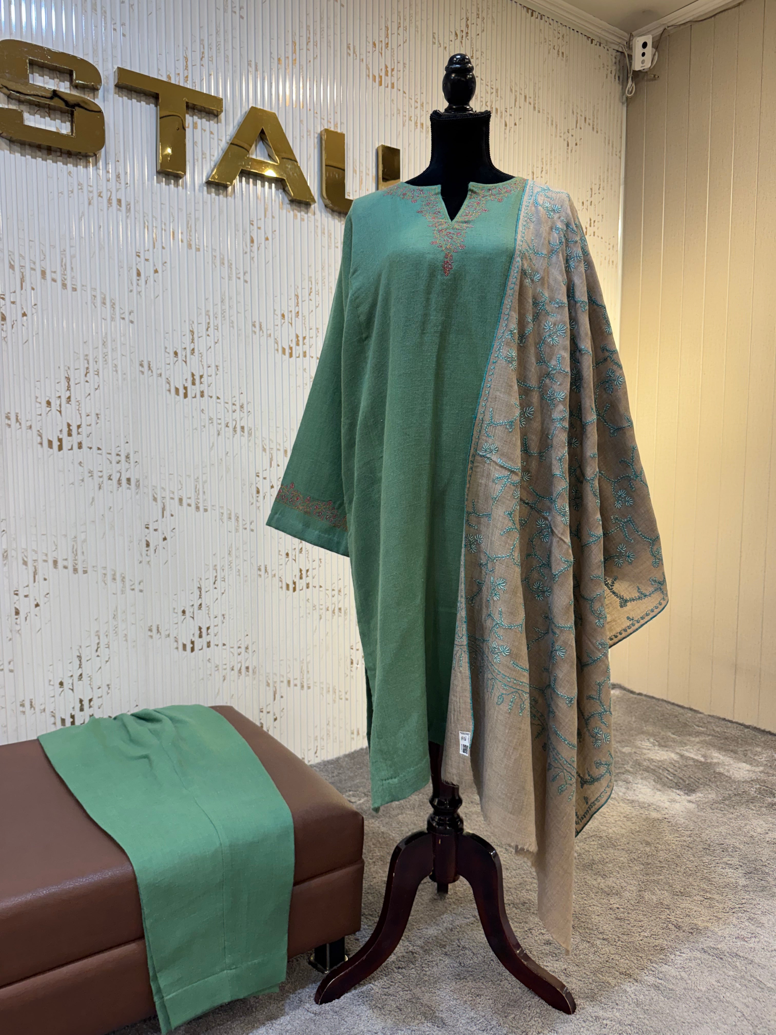 Sage Green Pashmina Blend 2-Piece Suit with Hand Sozni Embroidery pwb588