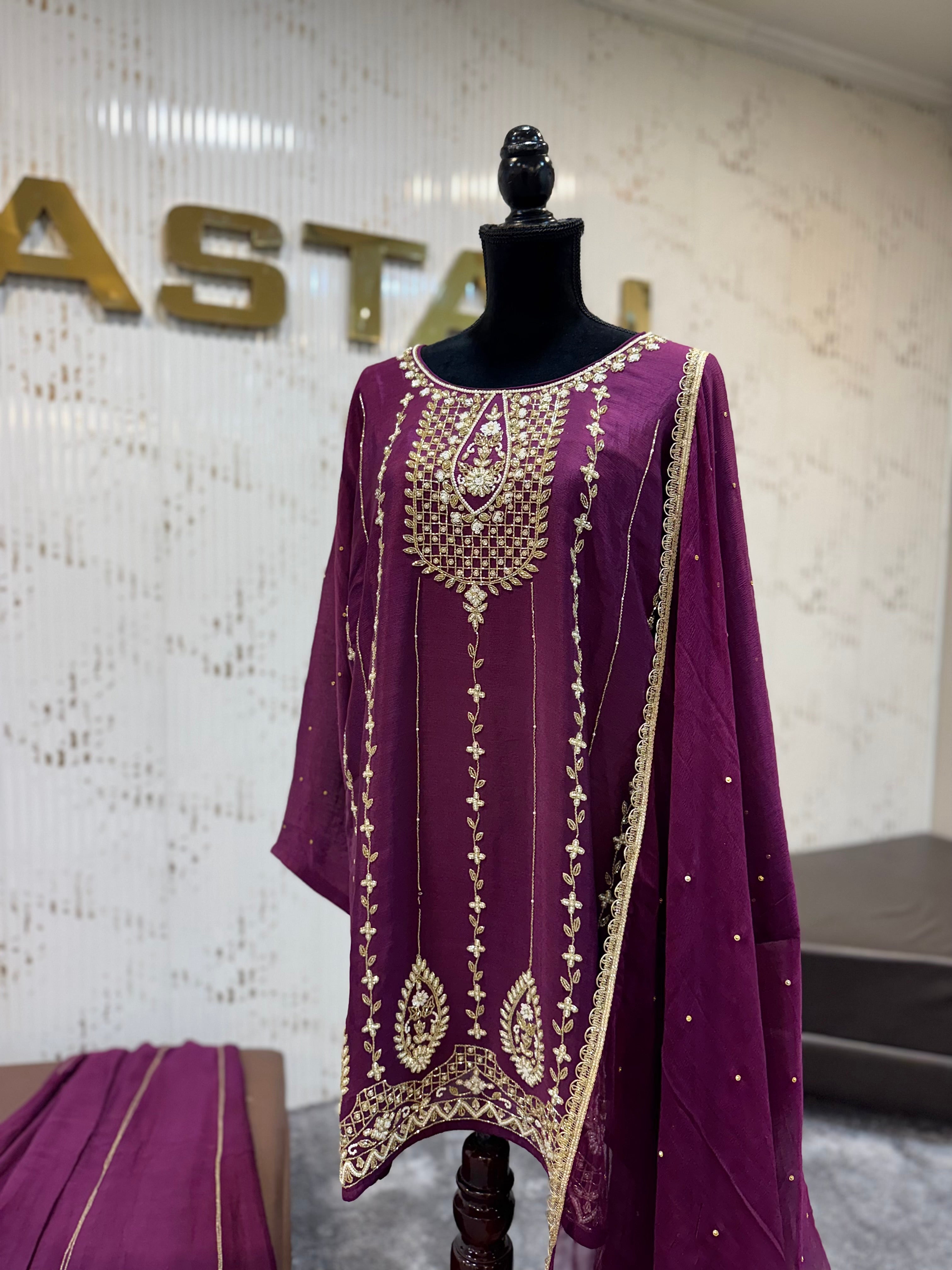Deep Plum Georgette Handwork Sharara Set