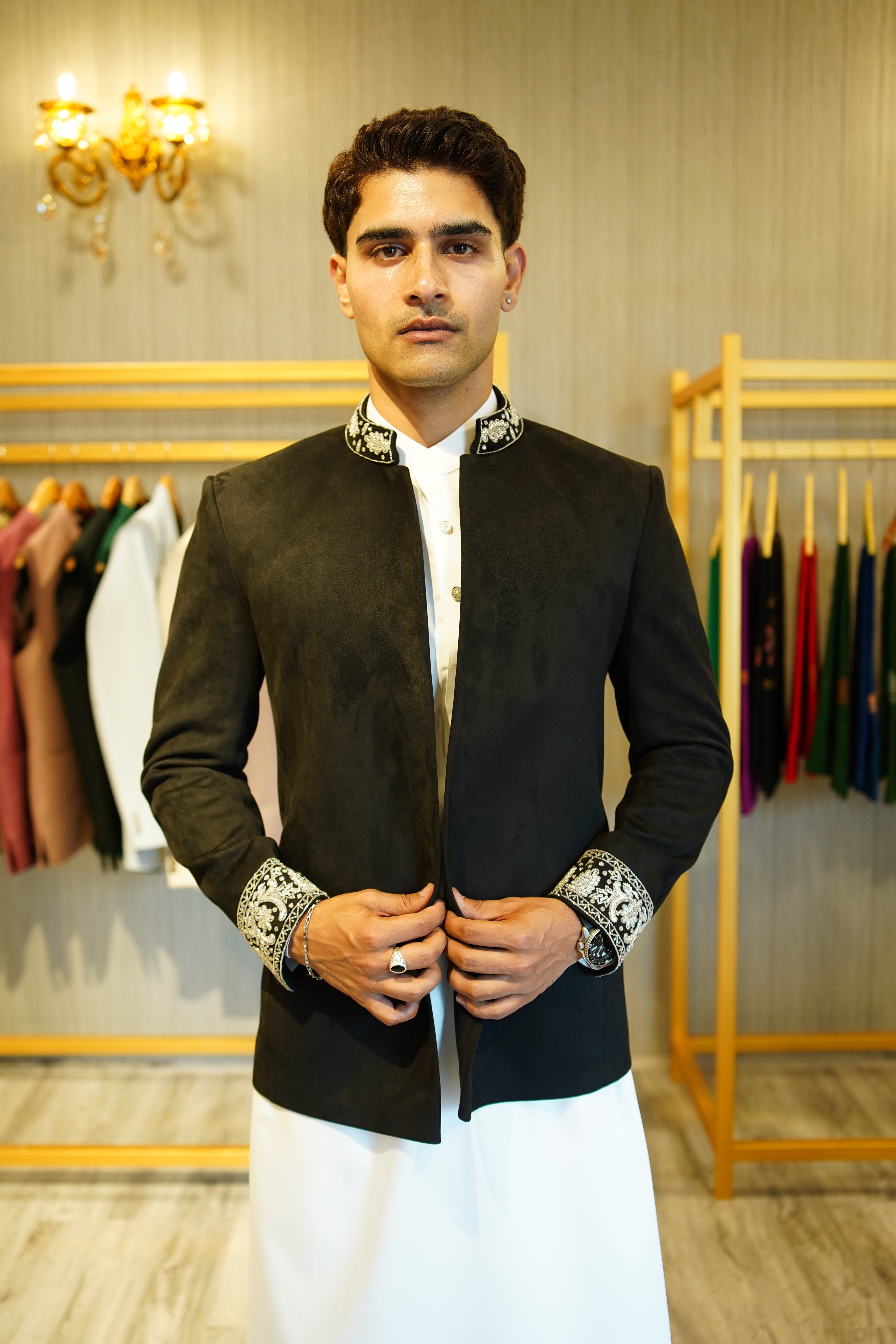 Black Velvet Indo Western Jacket with Handwork.
