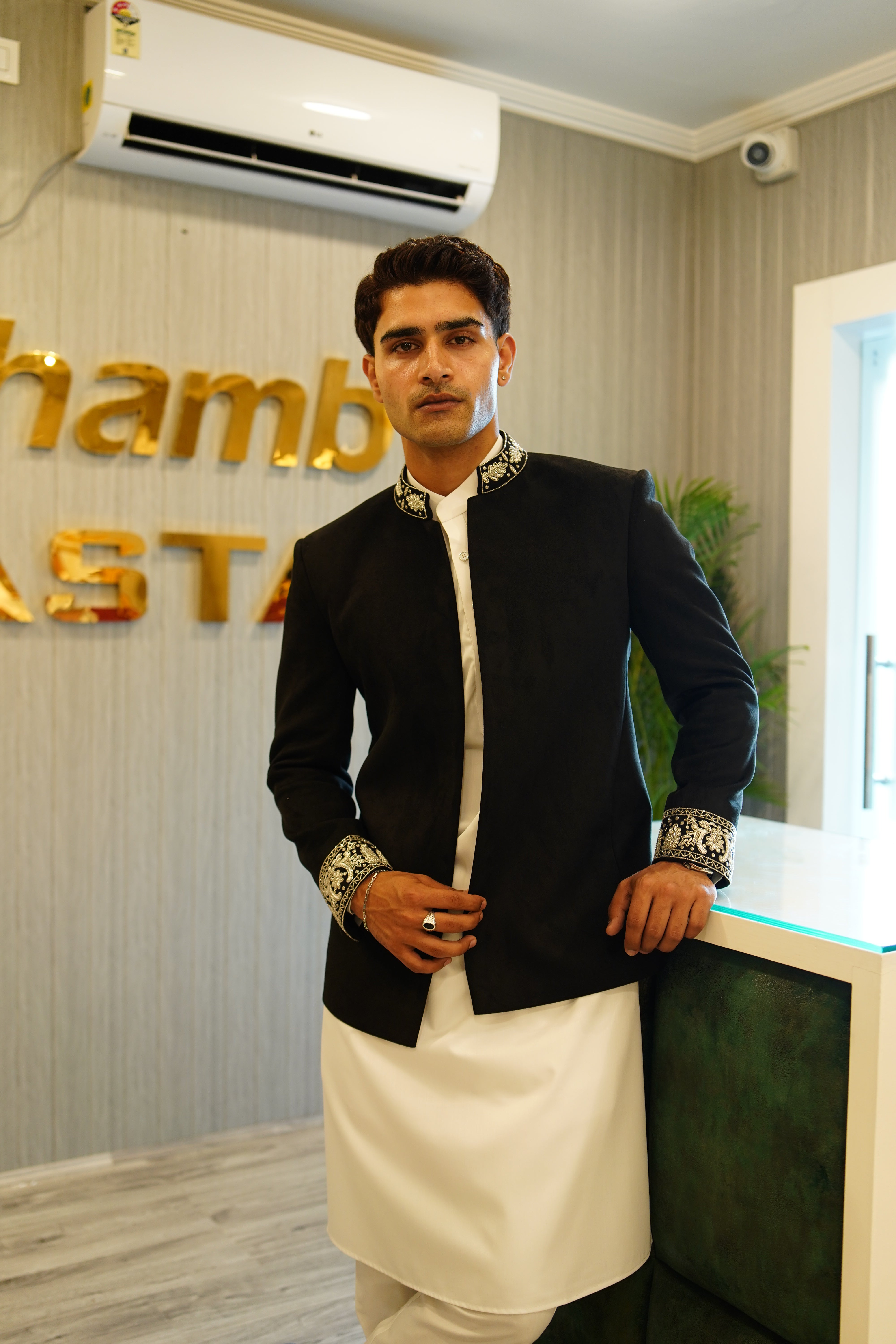 Black Velvet Indo Western Jacket with Handwork.