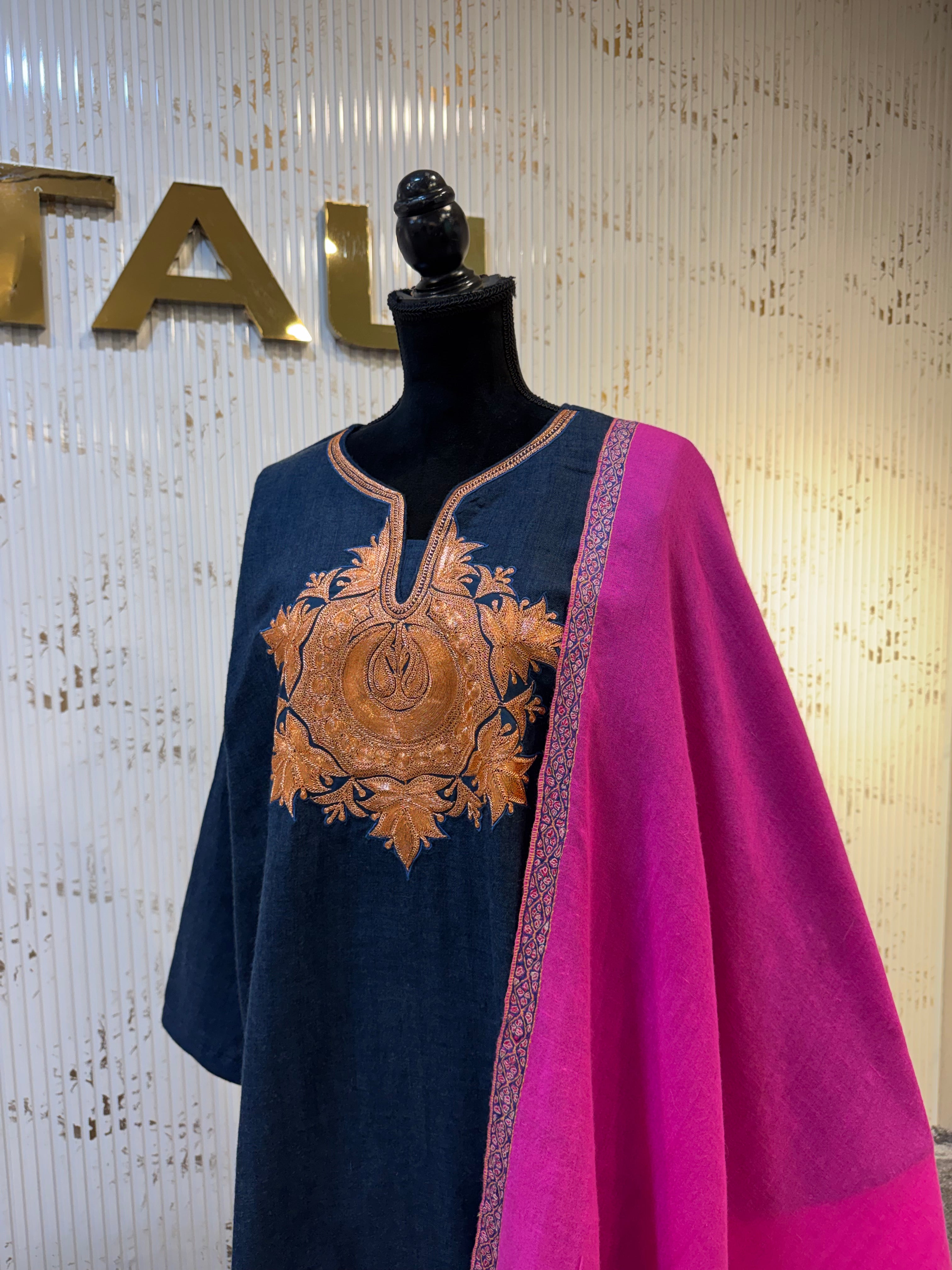 Deep Indigo Pashmina Blend 2pc Suit with Hand Tilla pwb565