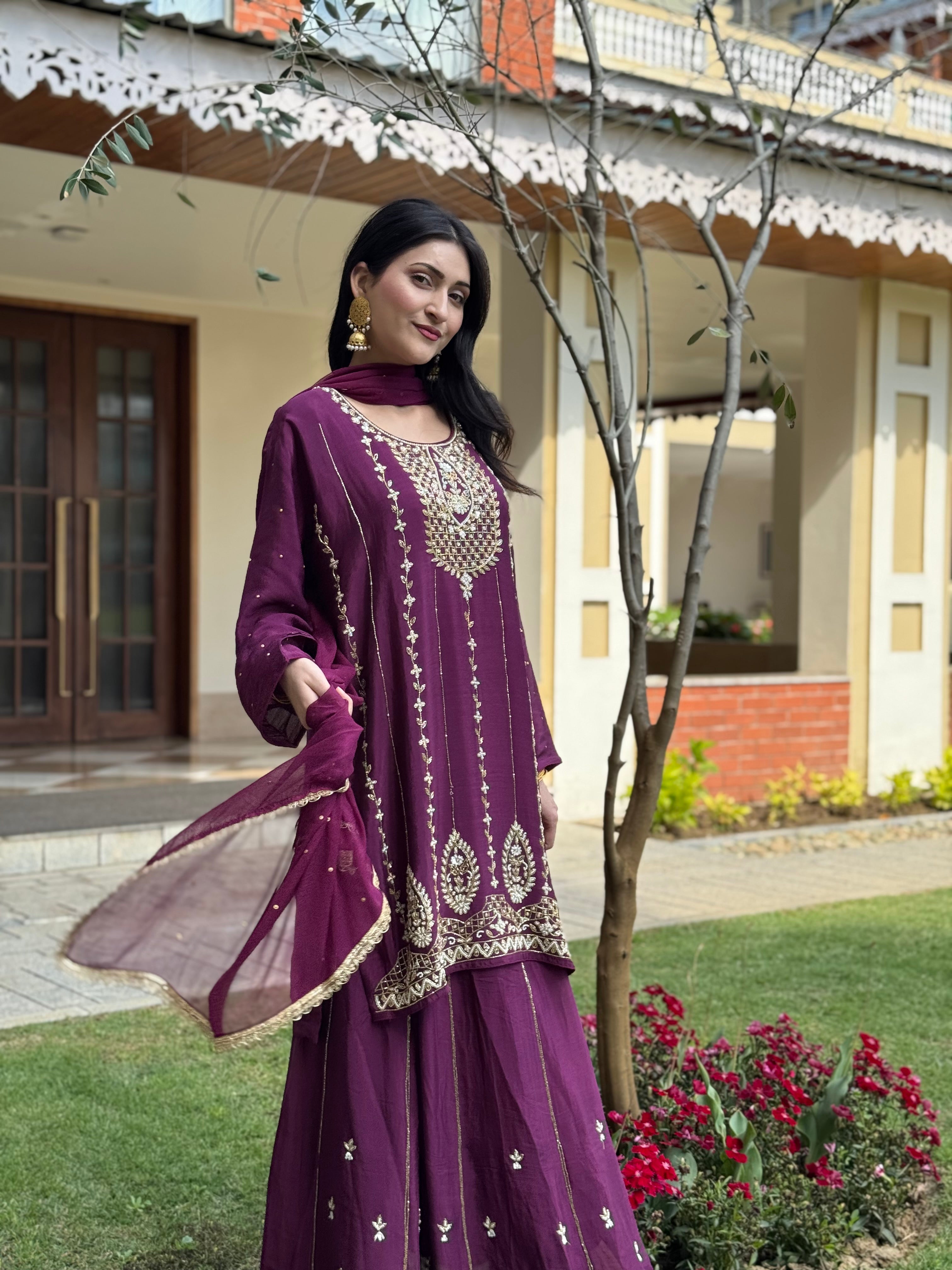 Deep Plum Georgette Handwork Sharara Set pbks142