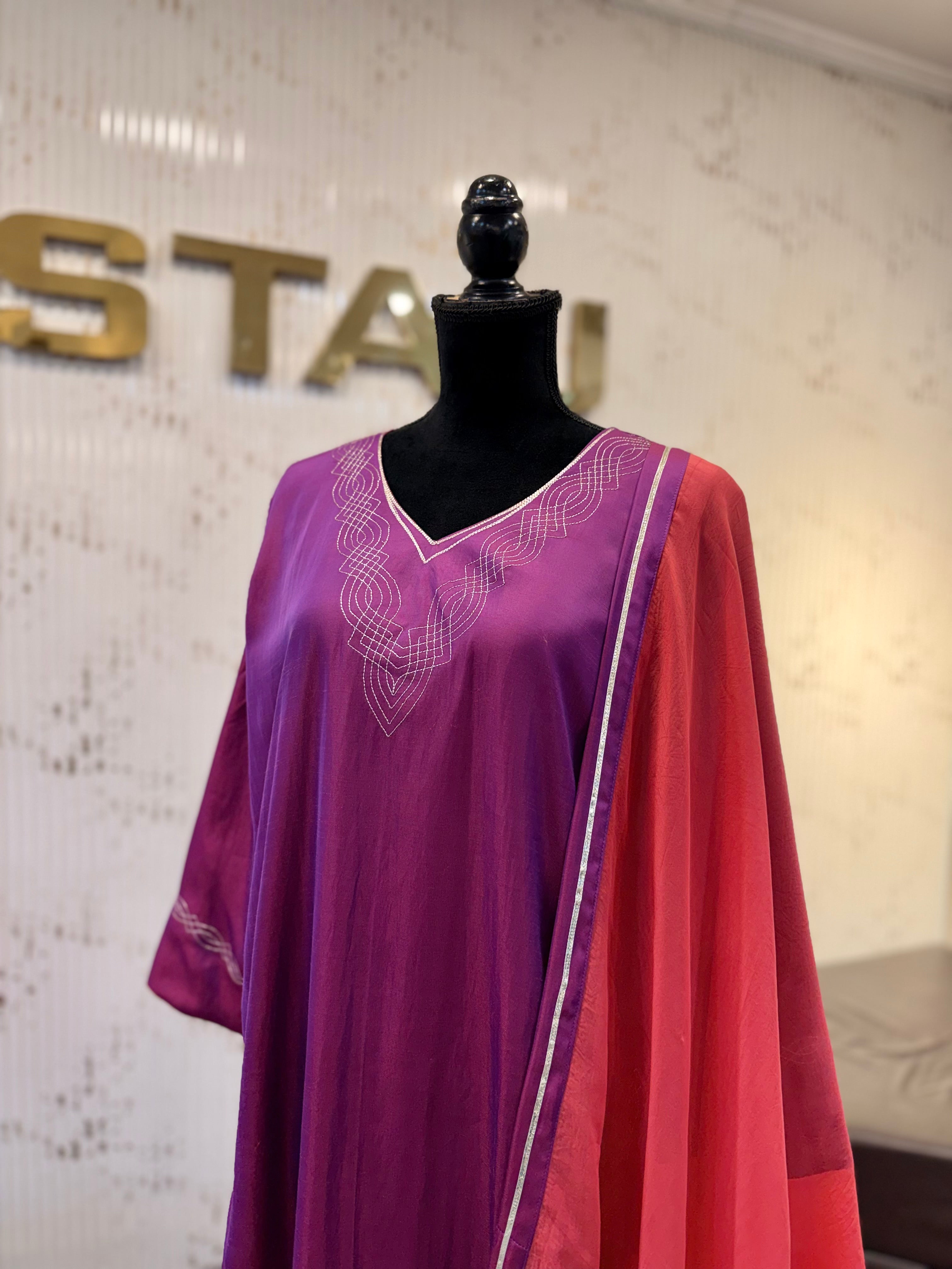 Dual shade Satin Suit with Dupatta.