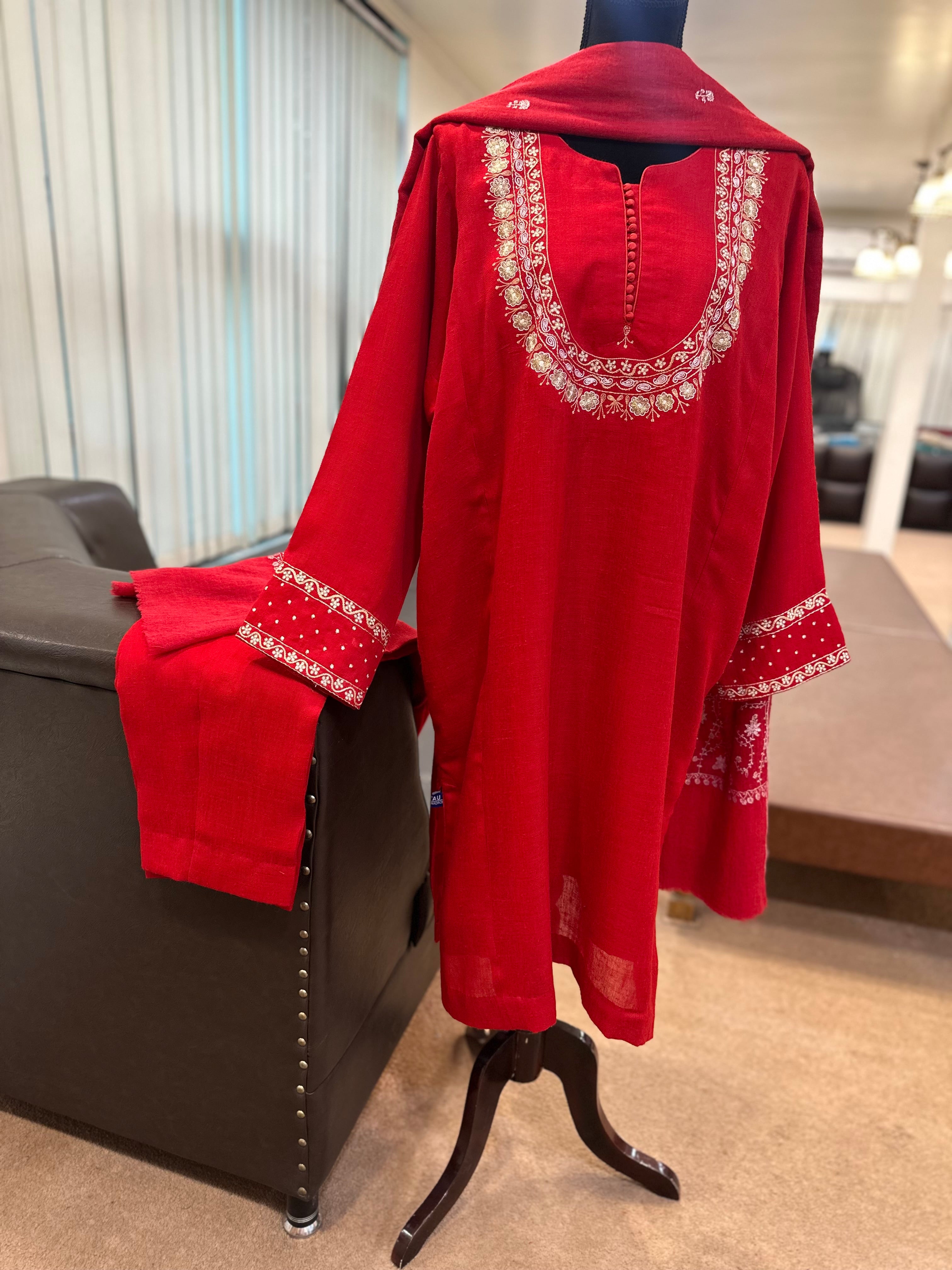 Red Purepashmina blend pheran set pwb459