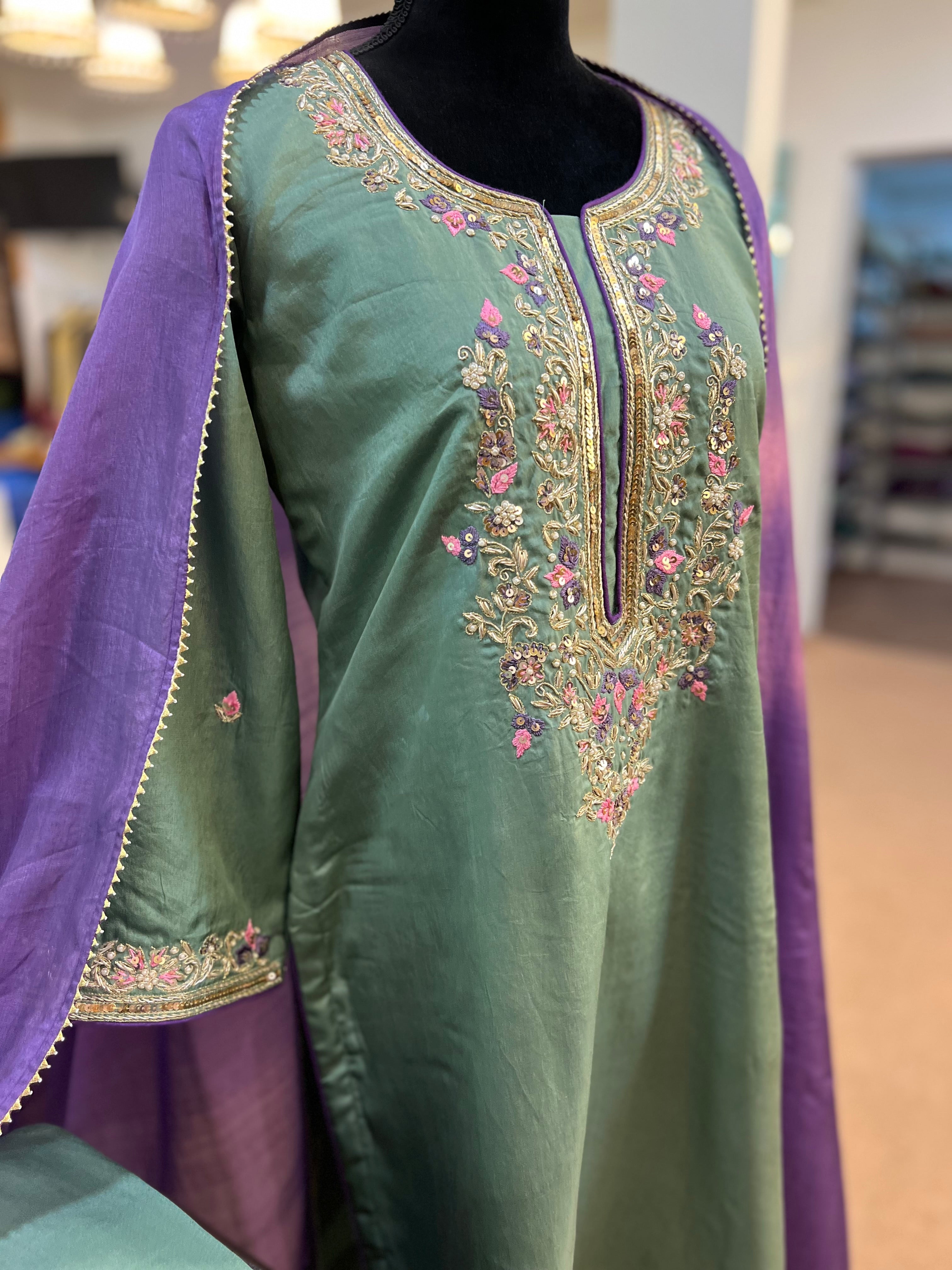 Pure silk hand embroidered 3pc kurta set