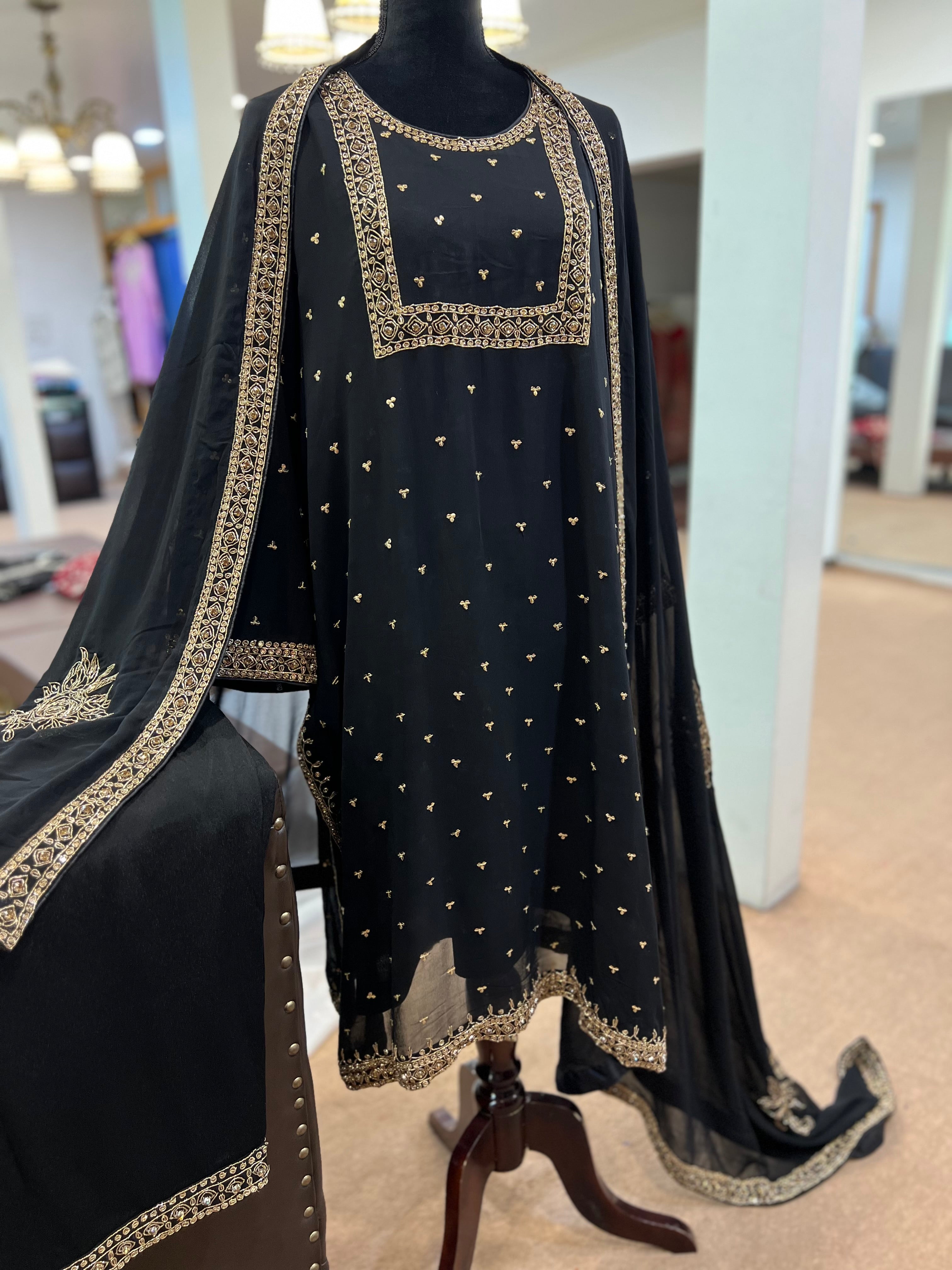 Hand embroidered black 3pc dress