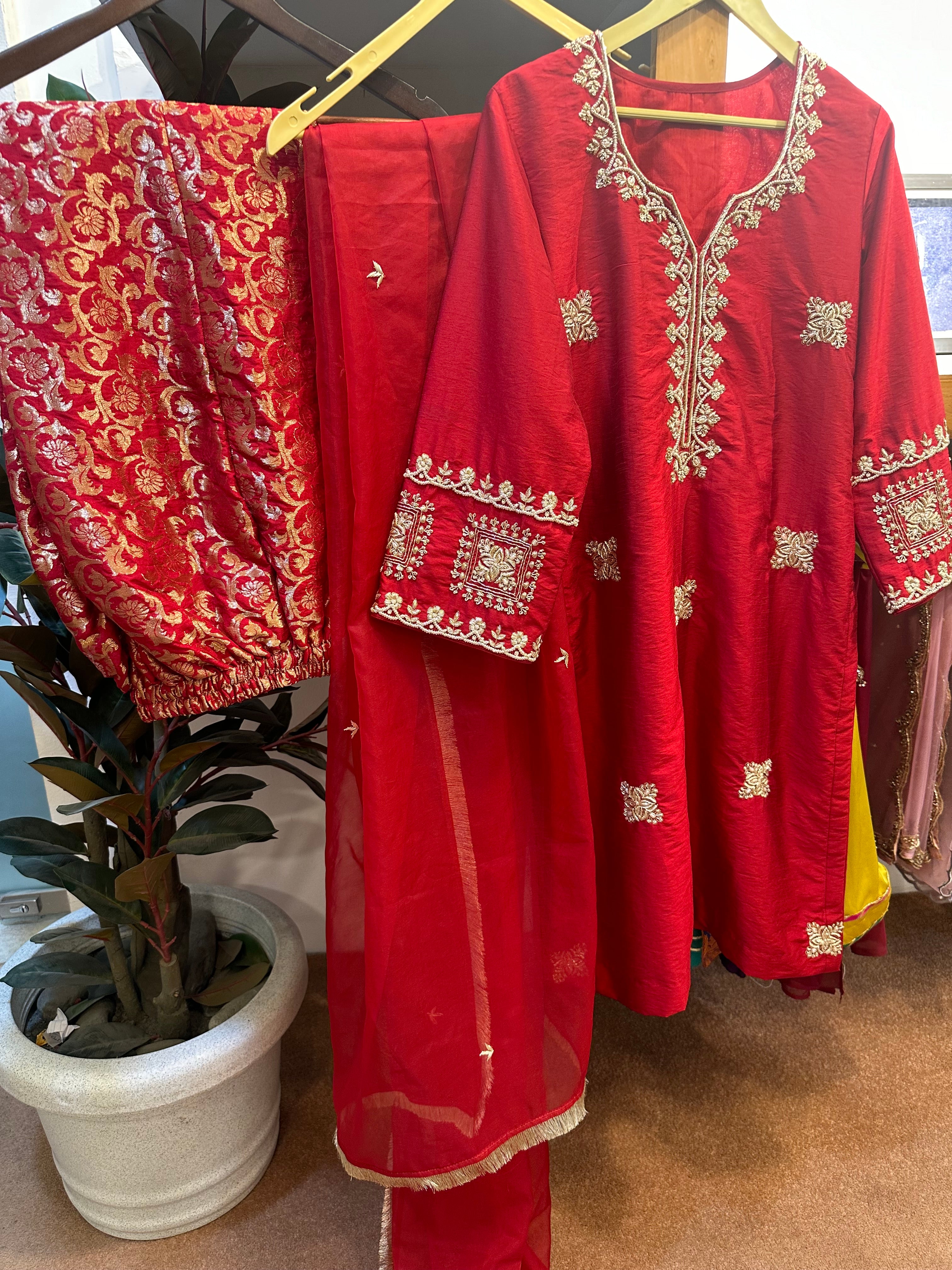 Red Handwork kurta set
