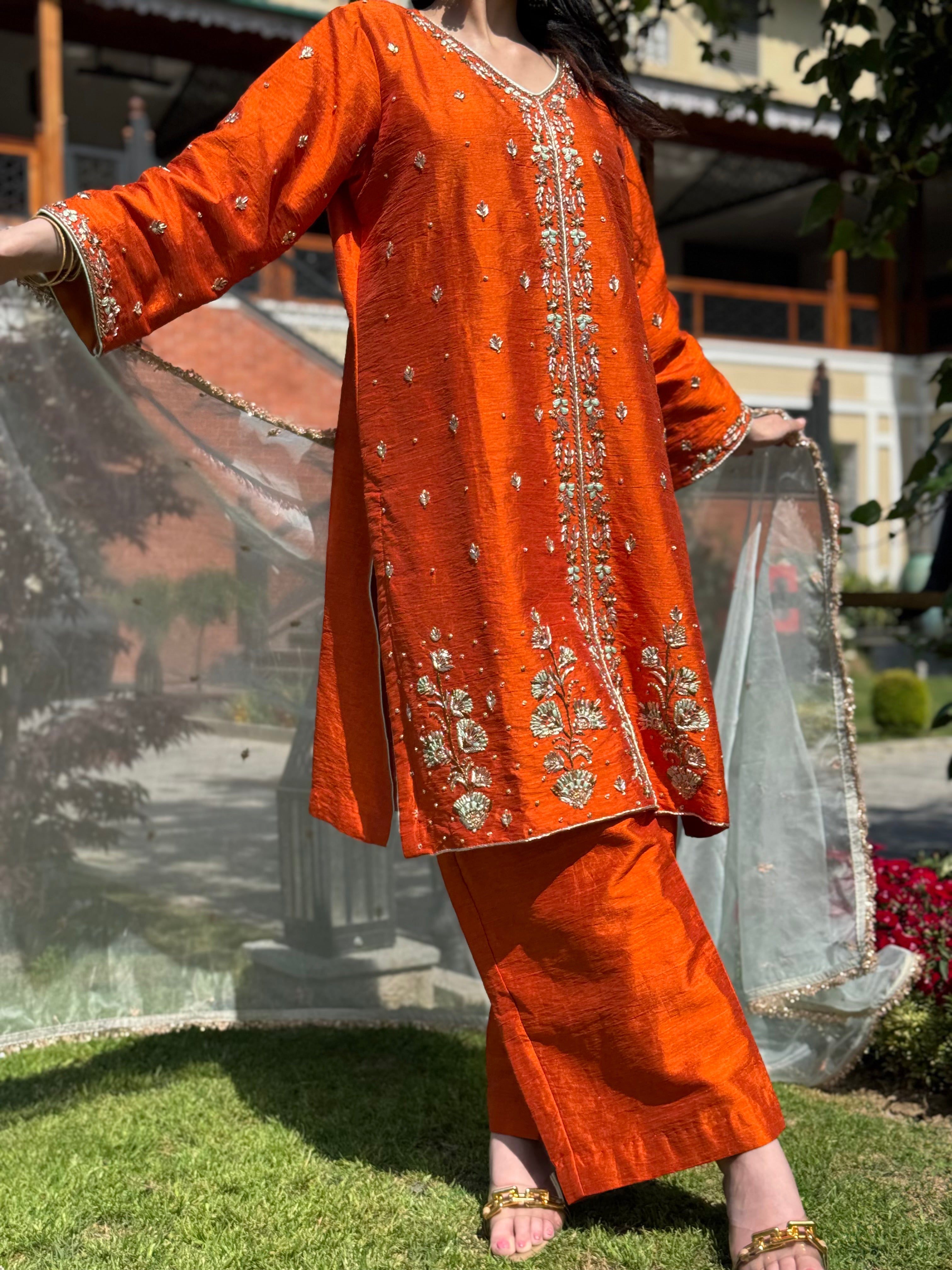 Rust handembroidered kurta set pbks129
