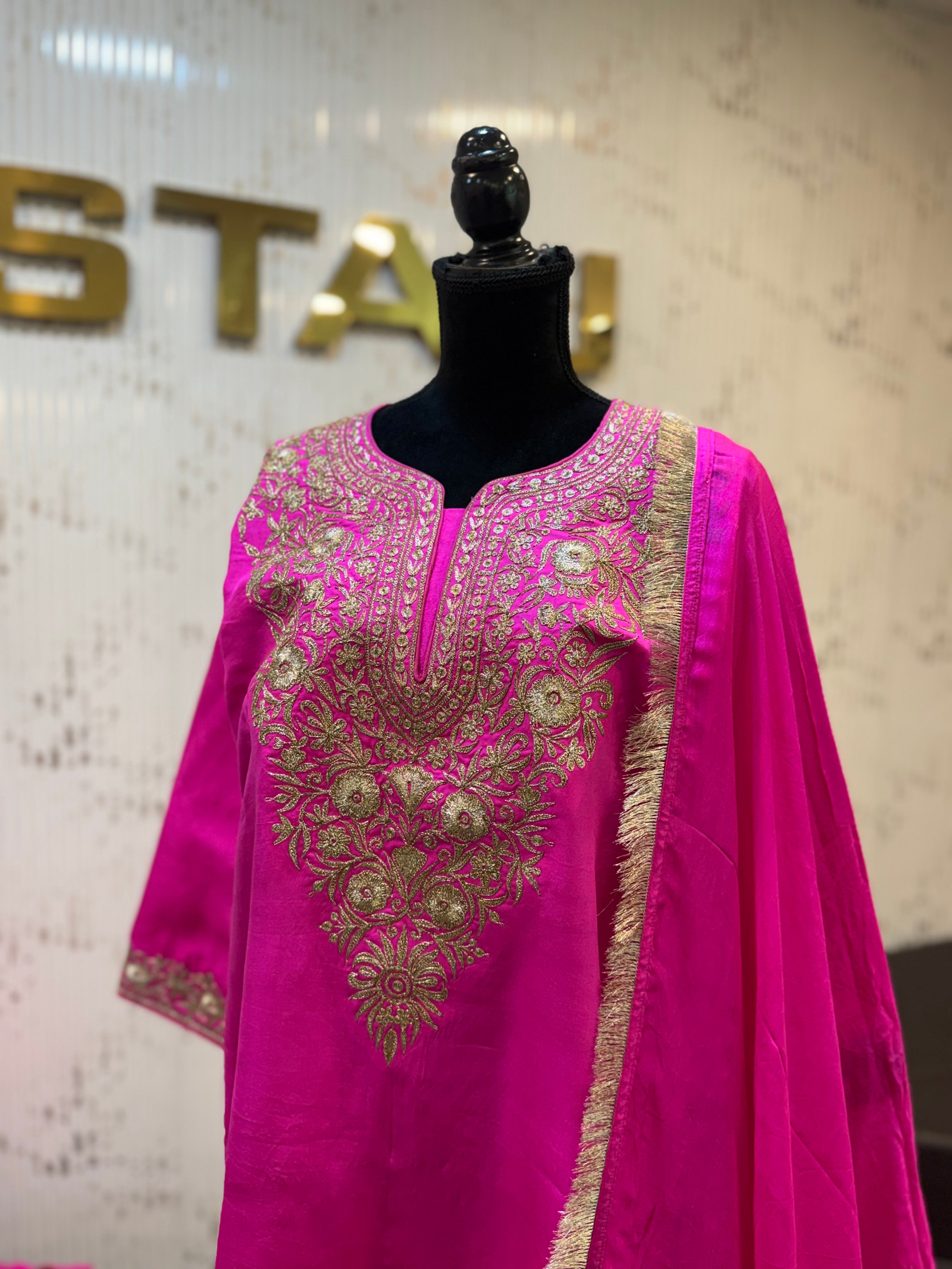 Hot pink Puresilk 3 pc kurta set mtks864