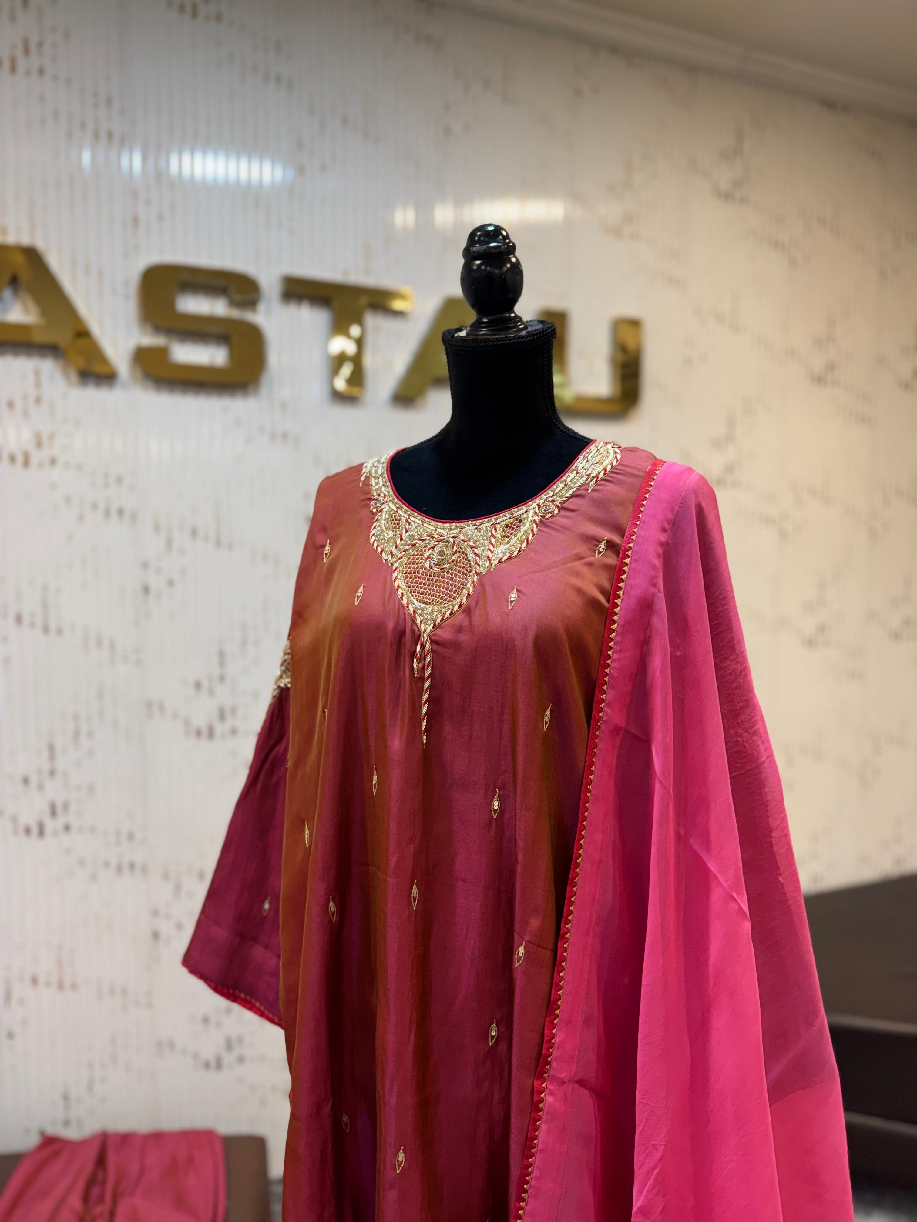 Hand-Embroidered Croma Satin Kurta Set
