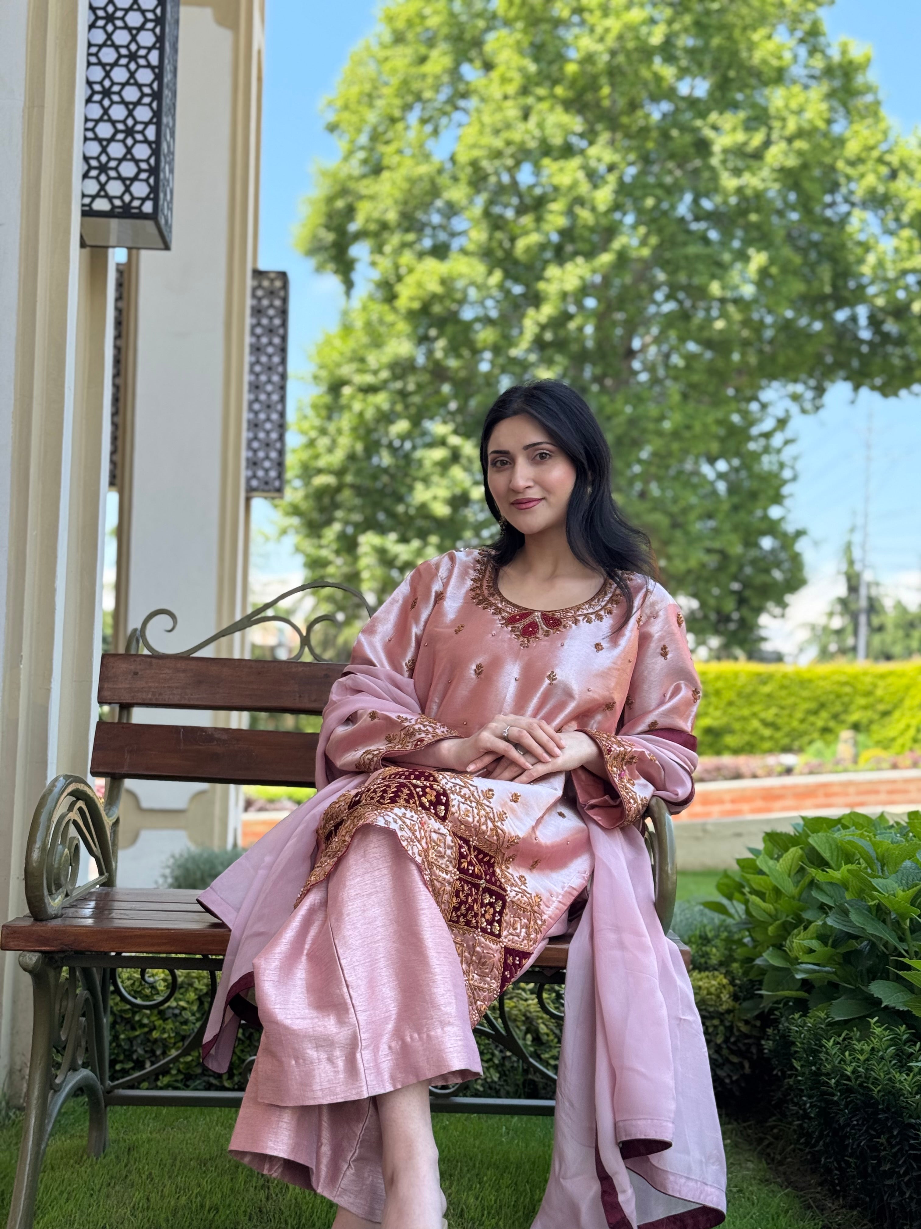 Rose Gold Tissue Organza Handwork Kurta Set pbks143