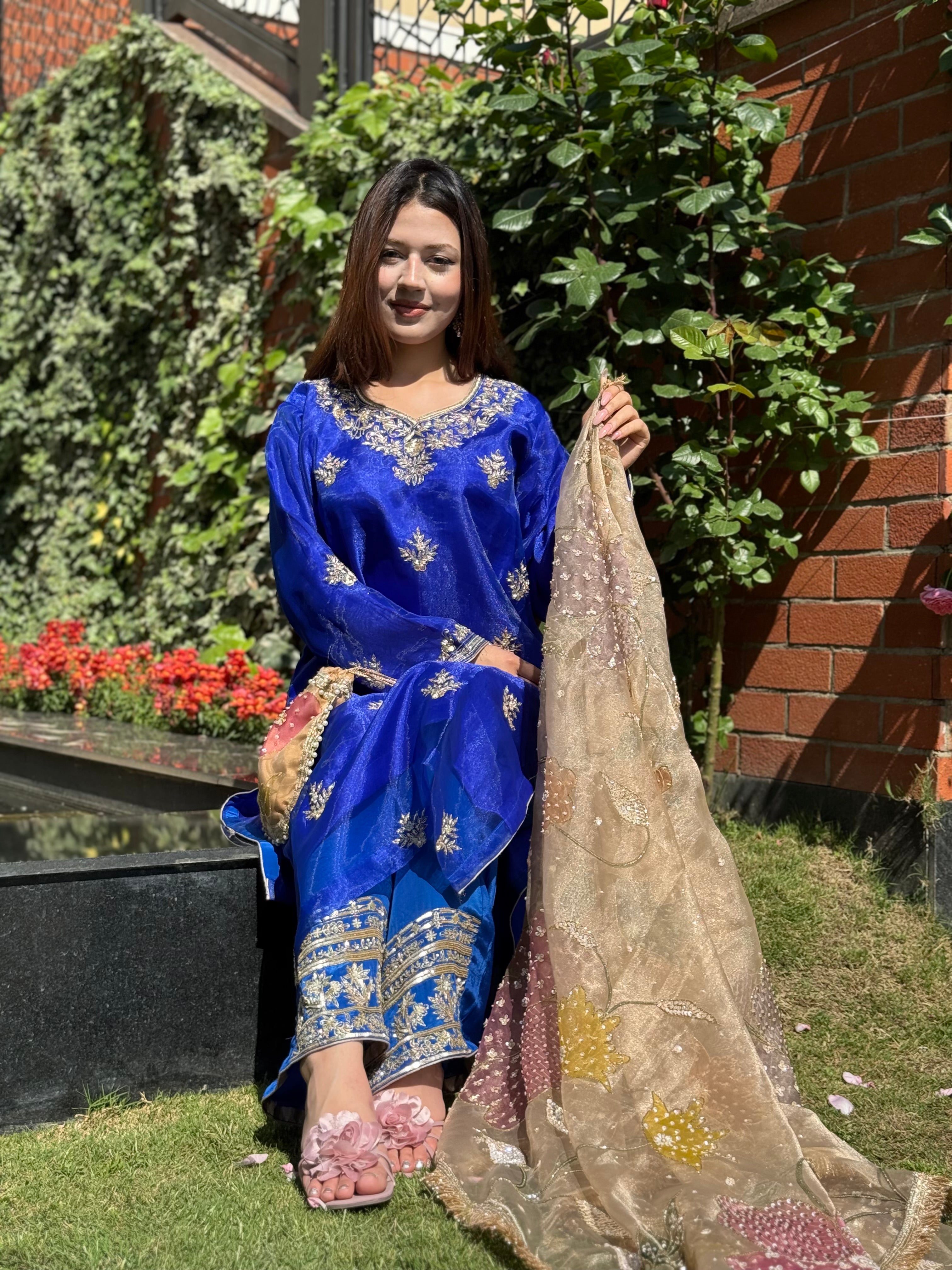 Royal Blue Shimmer Organza Handwork Kurta Set pbks148