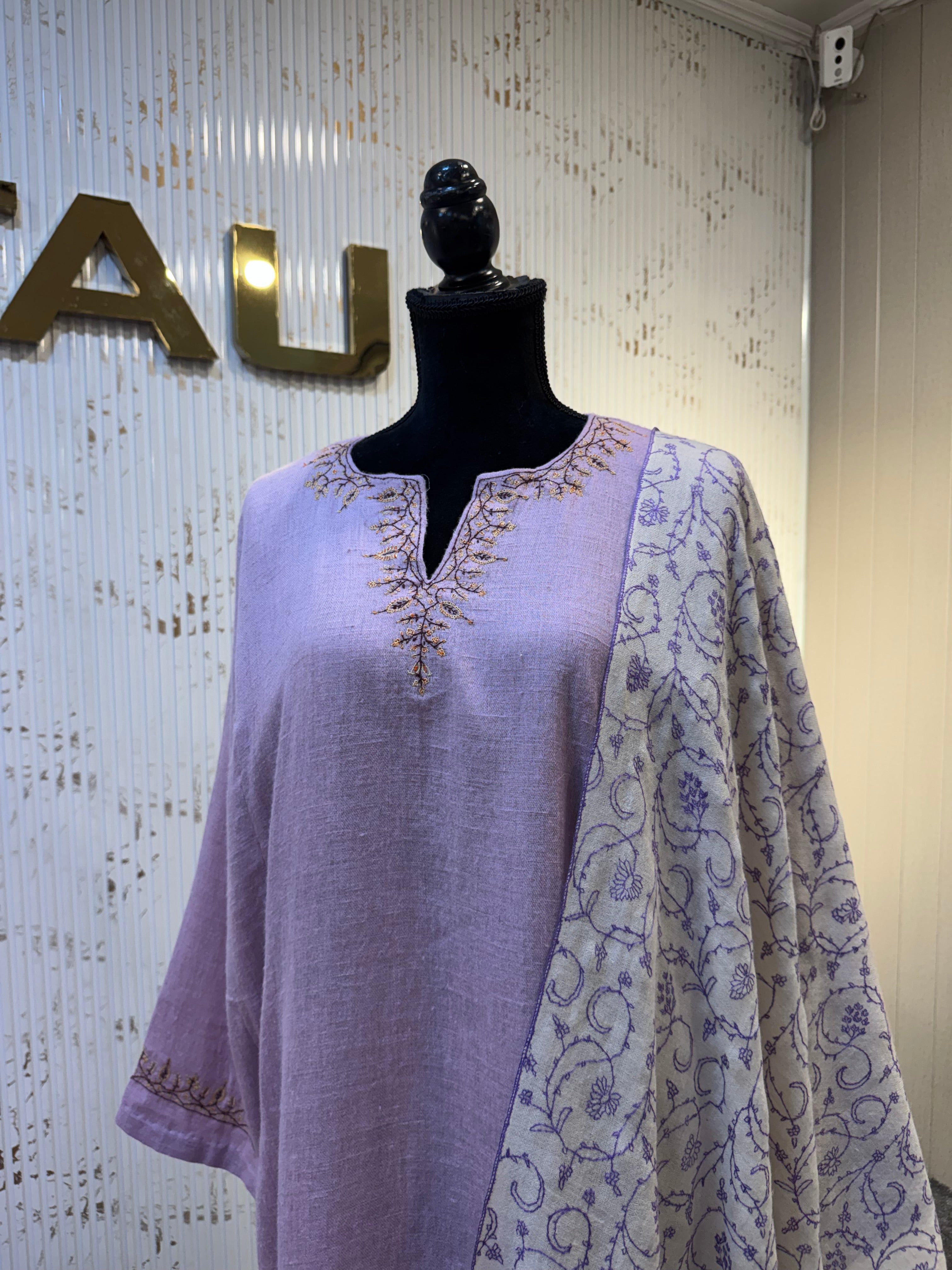 Lilac Lavender Pashmina Blend 2-Piece Suit with Fine Hand Sozni Work pwb568