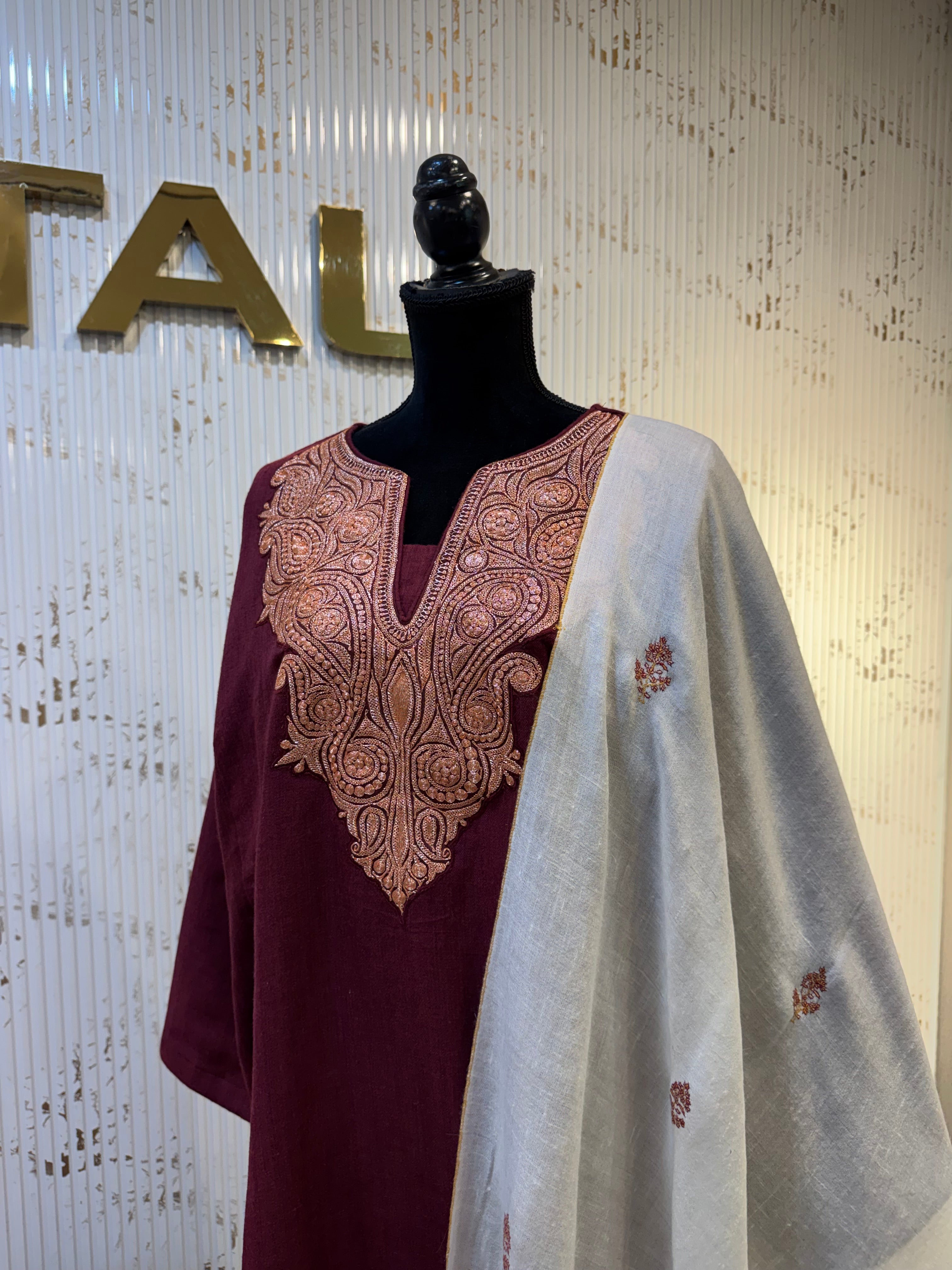 Wine Burgundy Pashmina Blend 2Pc Suit with Gold Hand Tilla Work