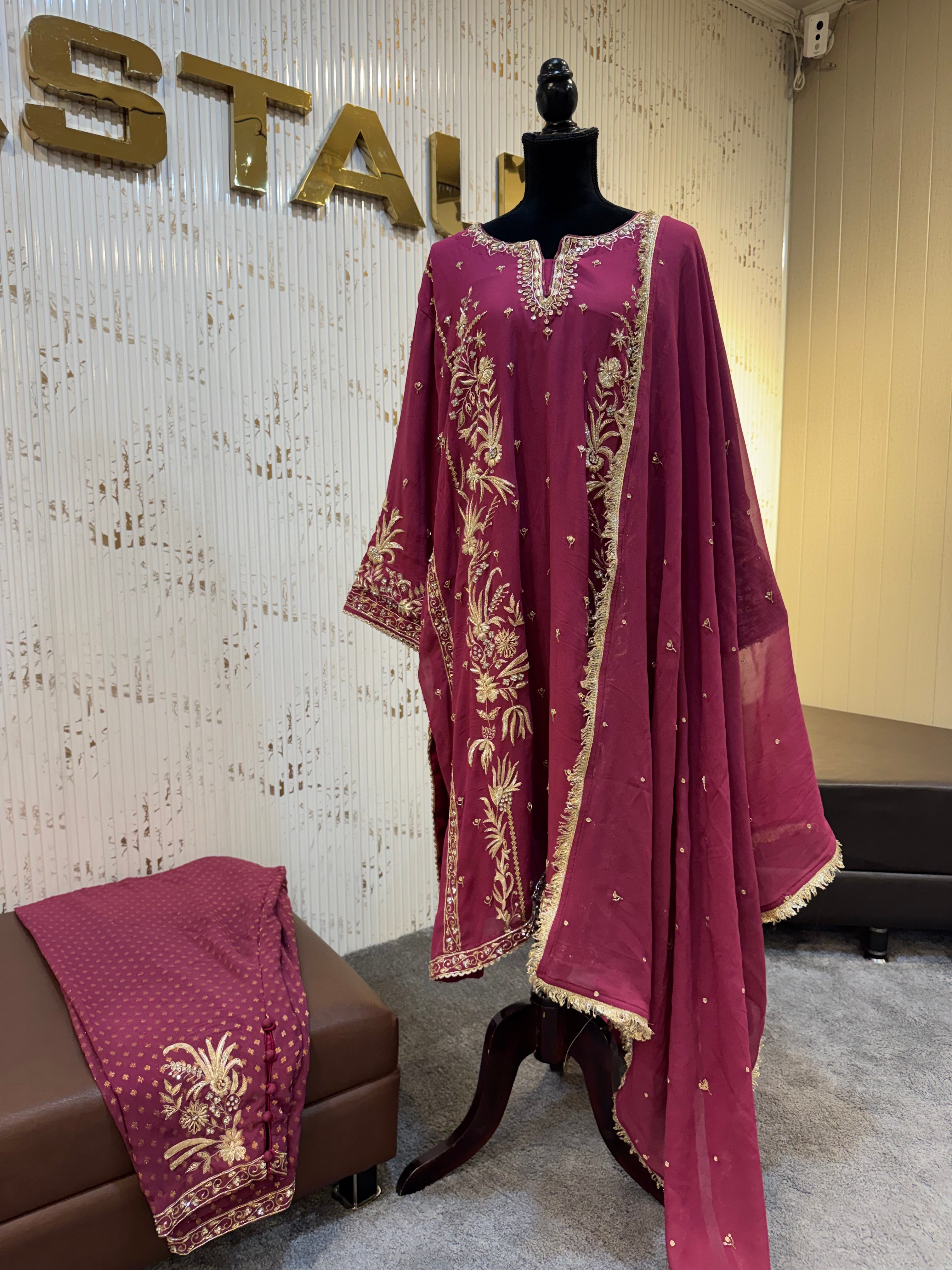 Handembroidered wine dress 3 pc