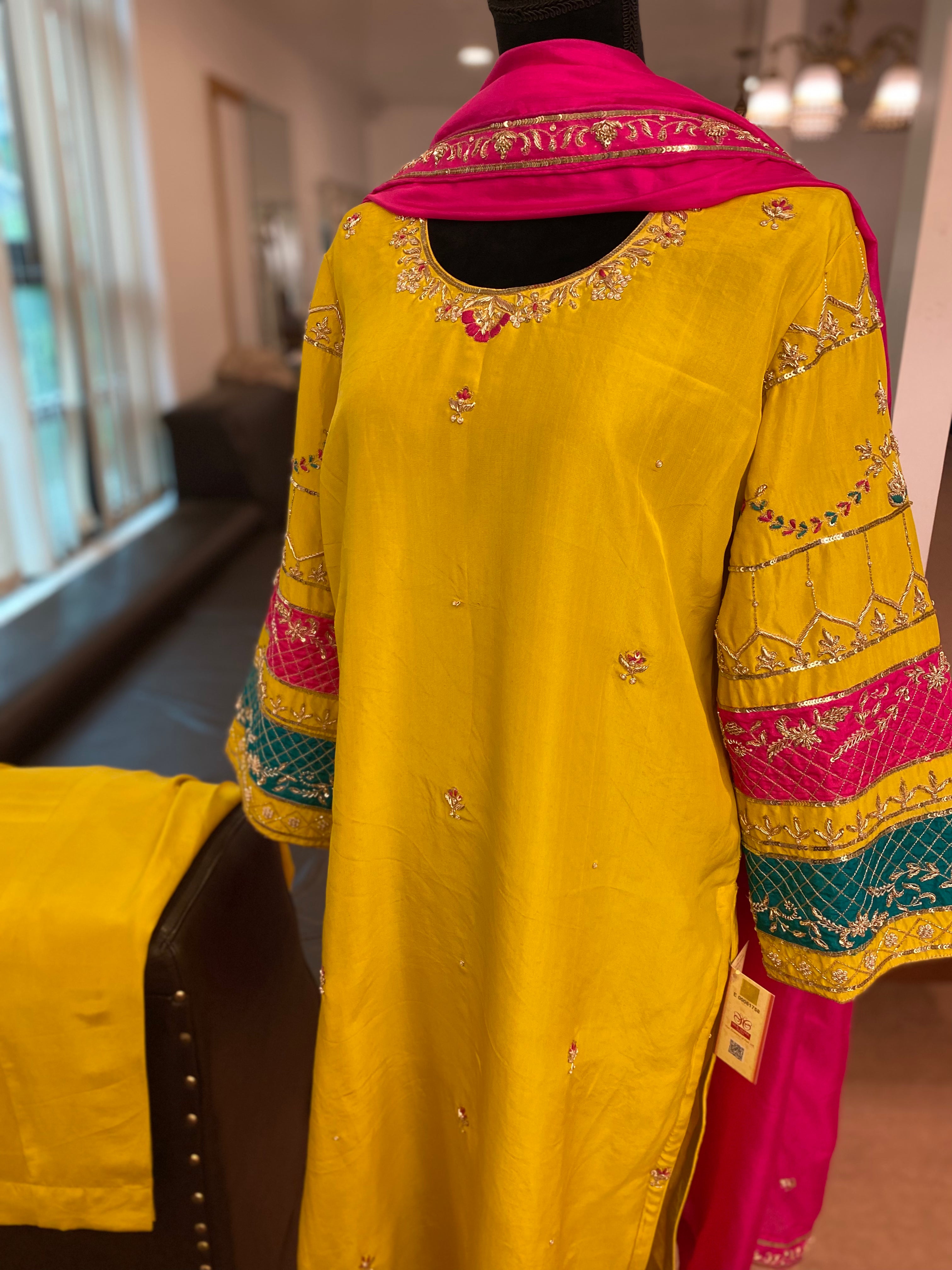 Pure silk hand embroidered multicoloured dress