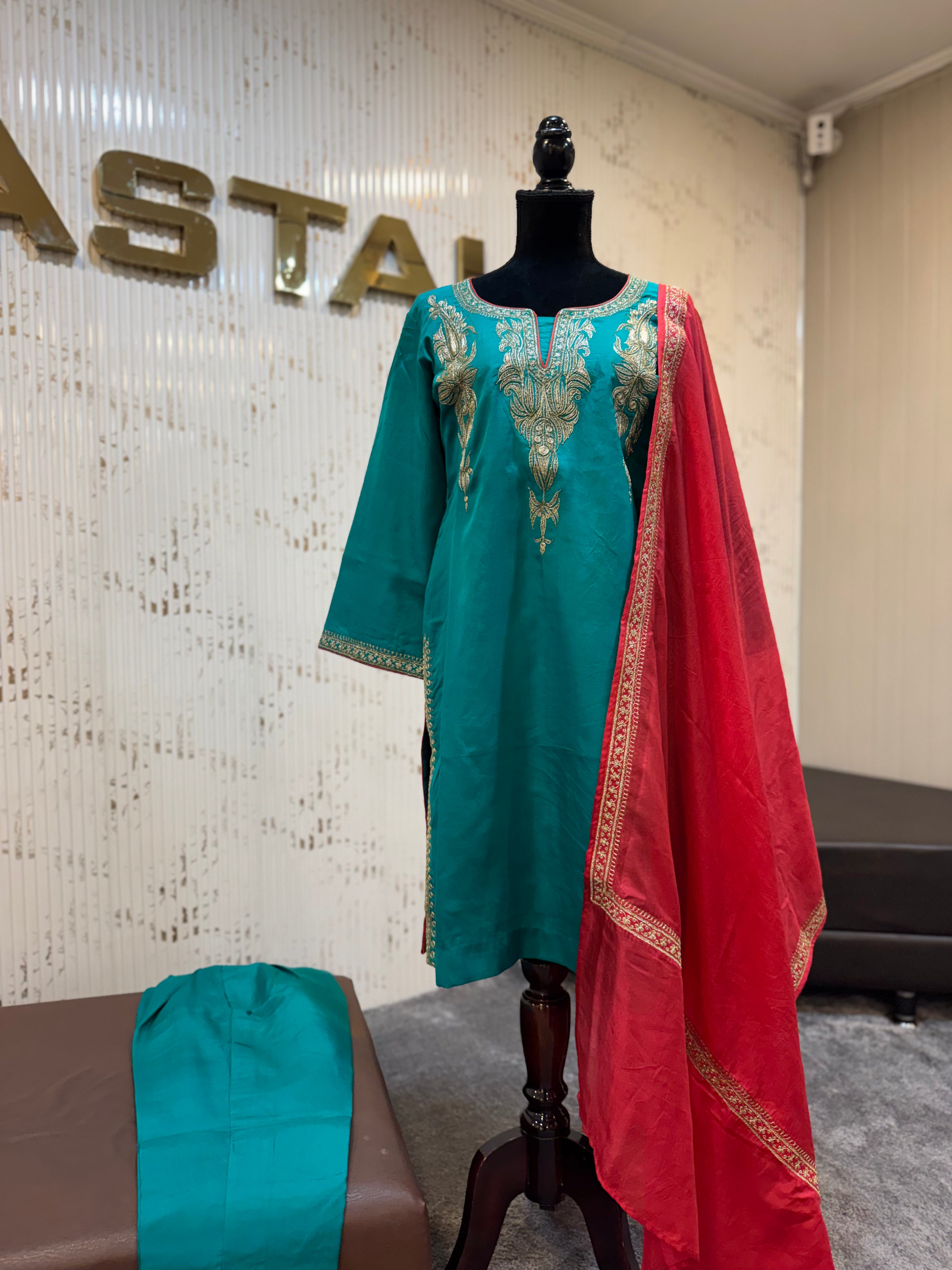 Pure Silk 3-Piece Suit with Machine Tilla Work