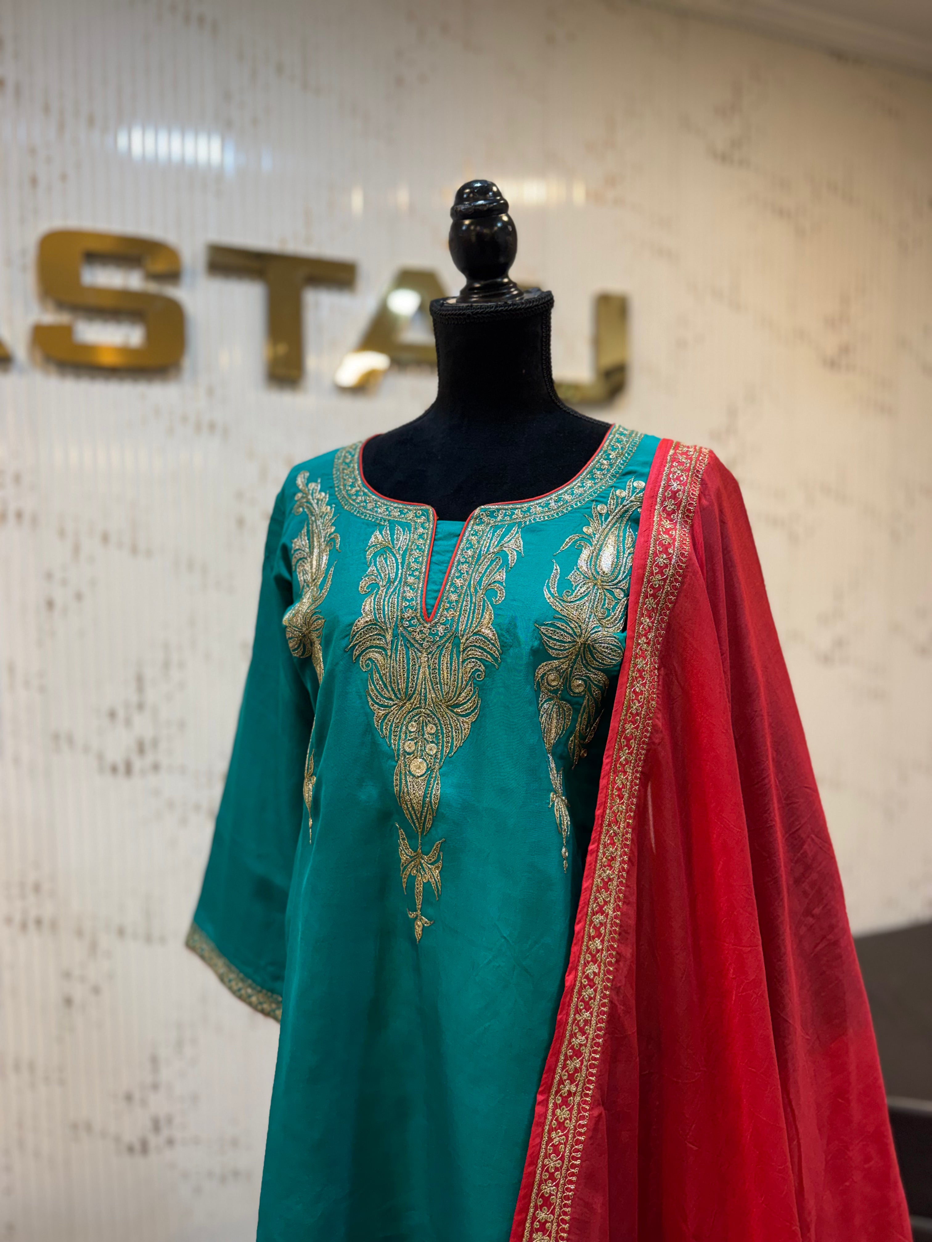 Pure Silk 3-Piece Suit with Machine Tilla Work