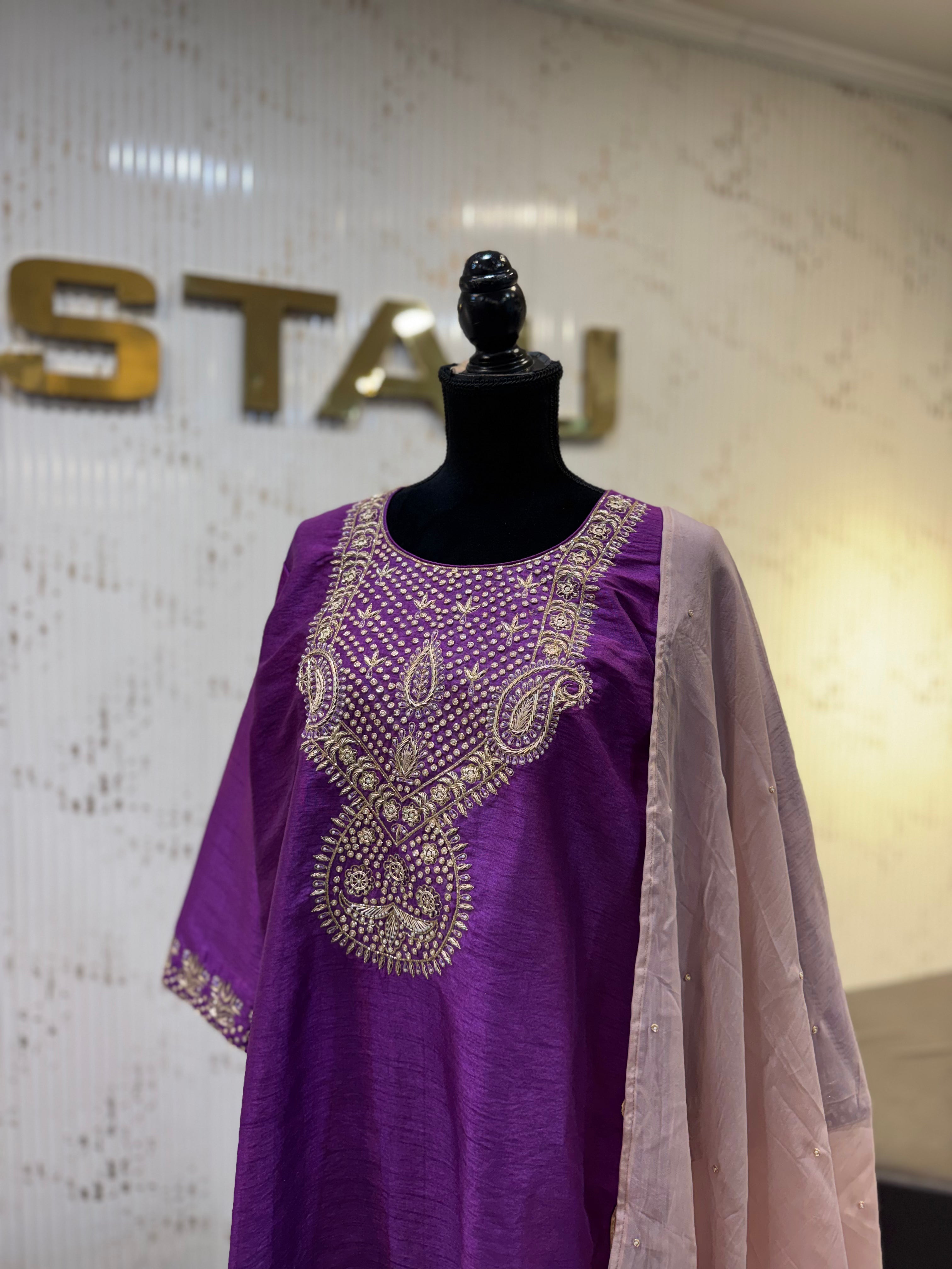 Royal Purple Raw Silk Hand-Embroidered 3pc Set (PBKS137)