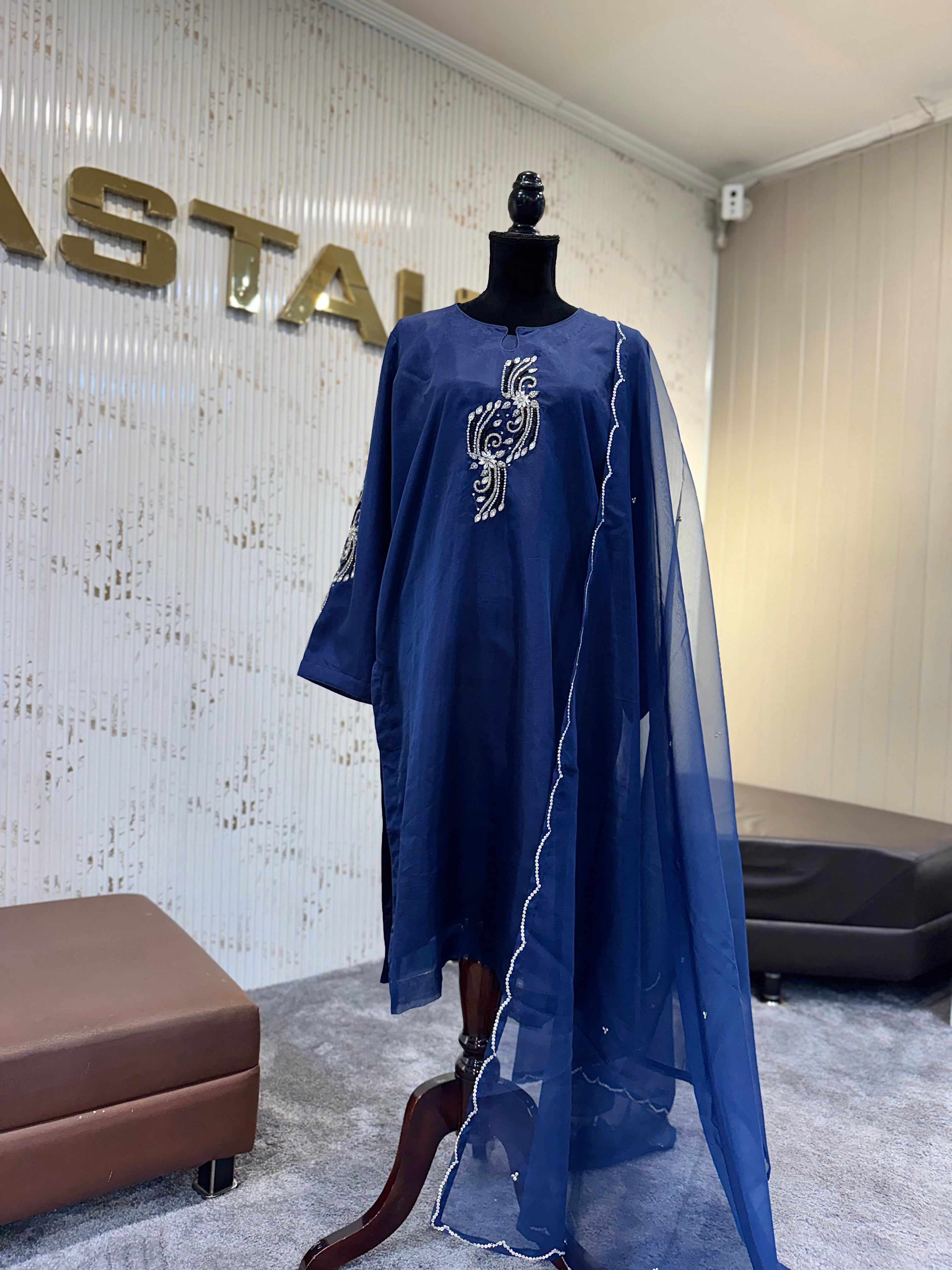 Midnight Blue Hand-Embroidered Organza 2PC   PBKS140